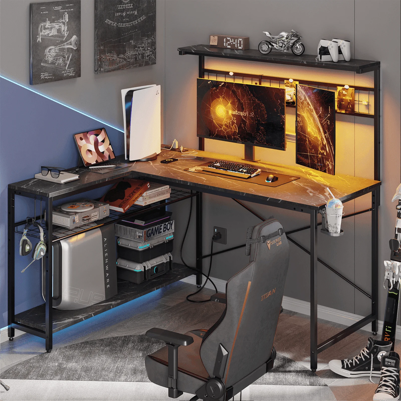 Bestier 51 L Shaped Gaming Desk with Power Outlets & LED Light, Computer Desk with 4 Tiers Shelves for Home Office, Reversible Gamer Table with Hooks and Cup Holder, Carbon Fiber