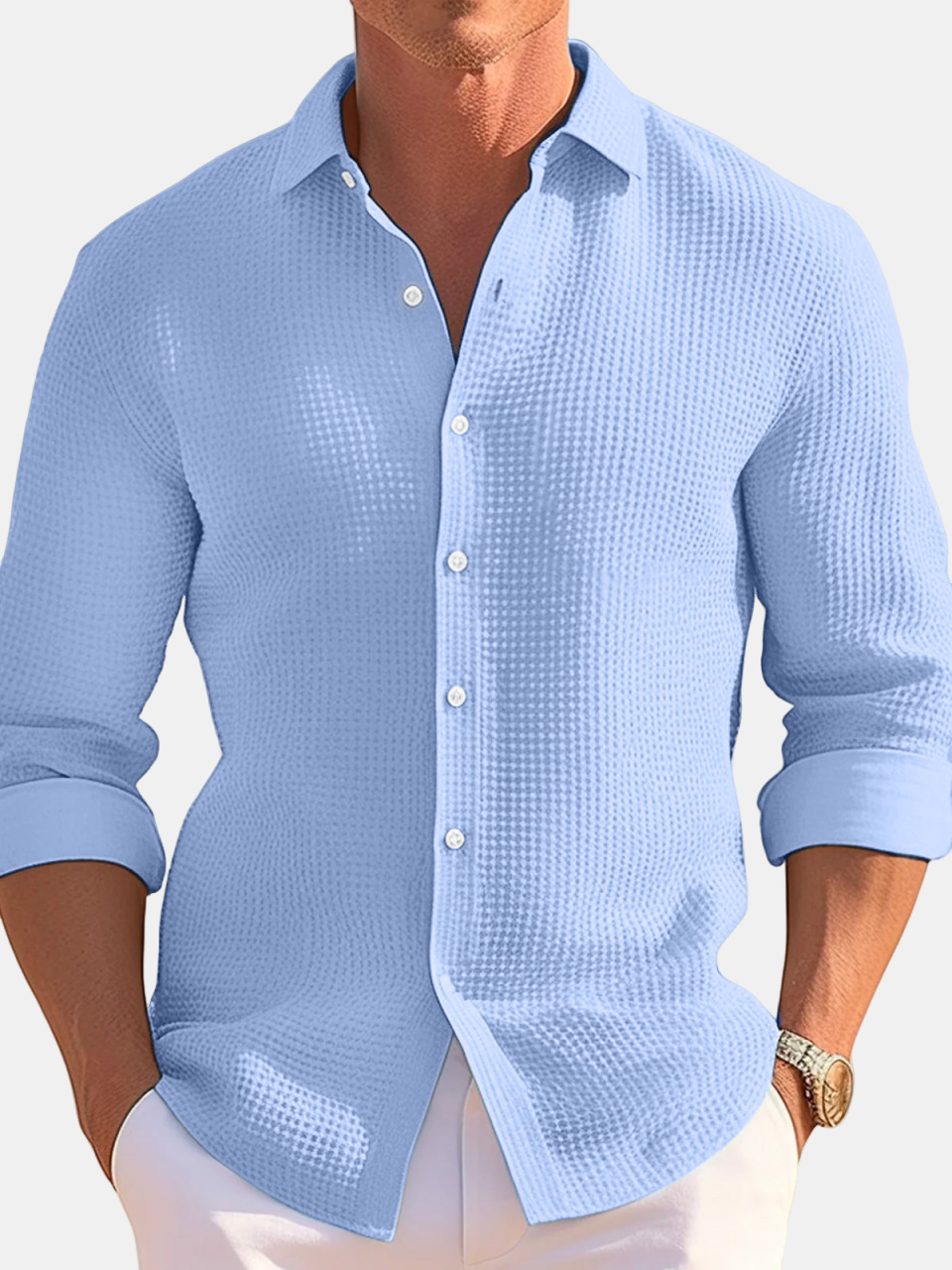 Men's Casual Loose Solid Color Waffle Long Sleeve Shirt