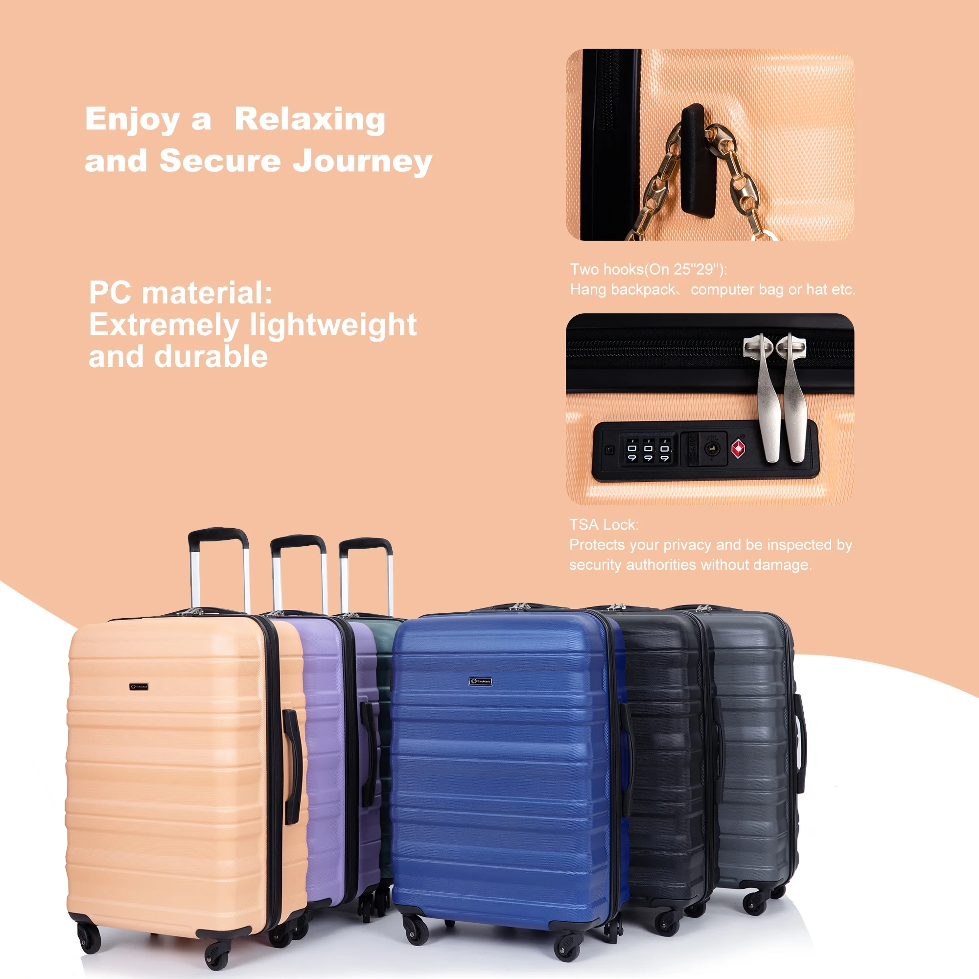 PAPROOS Hardside Luggage Set, 3 Piece 21in 25in 29in Carry on Suitcases Set with 2 Hooks and TSA Lock, Modern Lightweight Luggage Set, Hardshell Expandable Suitcase Set for Family Travel, Black