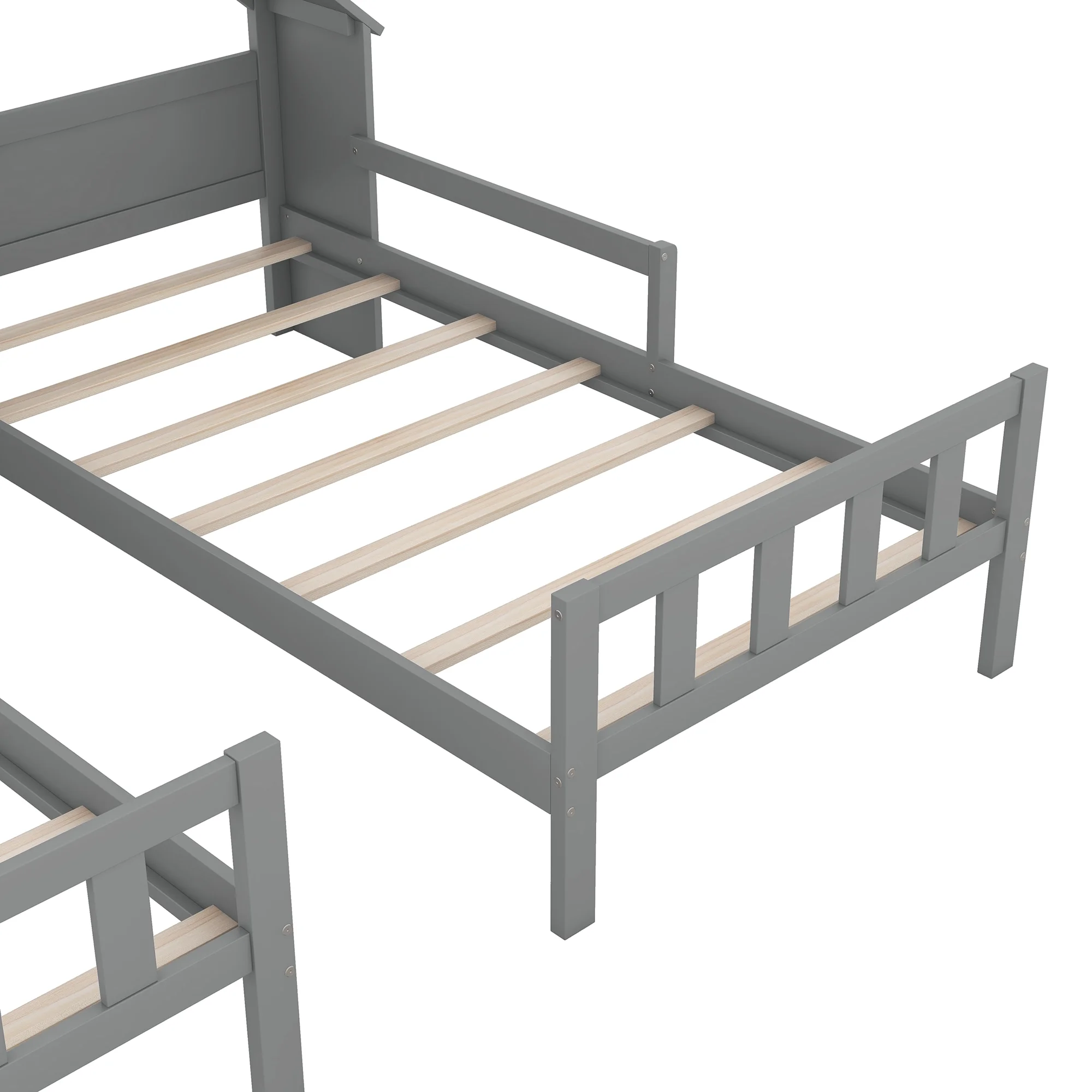 Euroco Twin Size Wood House Platform Bed, Two Beds in One with Desk and Shelf, 2 Platform Beds for More Kids Teens, Gray