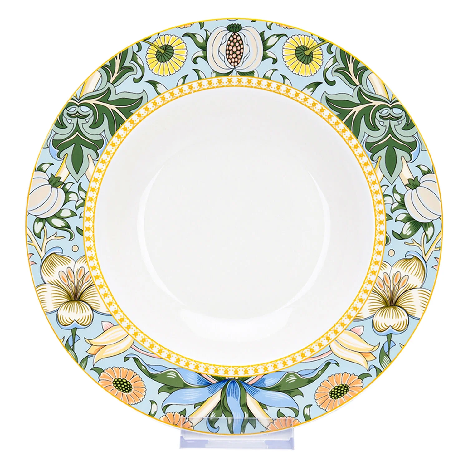STP GOODS Melodie de Fleurs Bone China Dinnerware Set of 24 Service for 6 24-Piece Dish Set of Plates and Bowls, Blue Gold White
