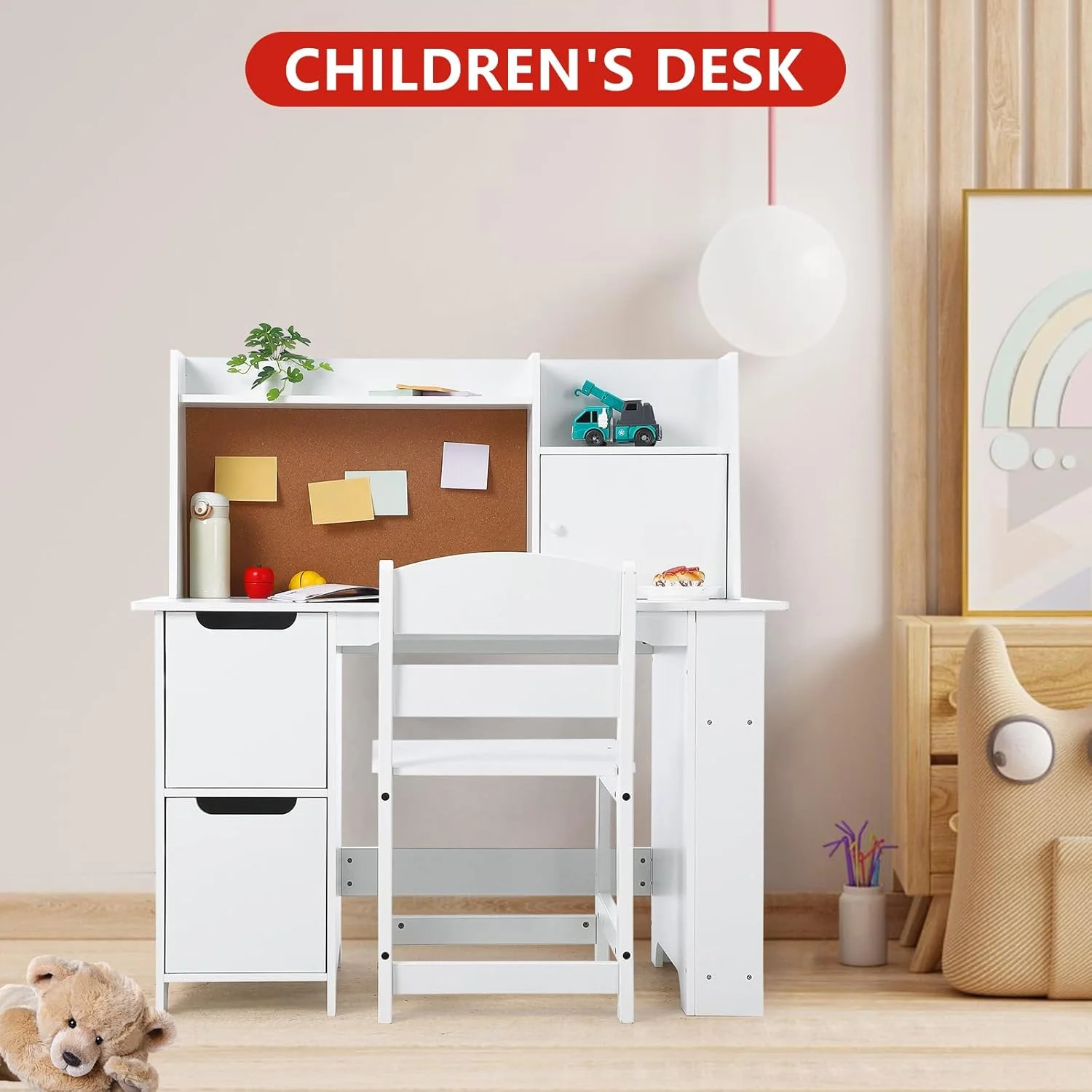 Wpond Kids Desk and Chair Set, Wooden Children Study Table with Storage, Bulletin Board, Student Computer Workstation Writing Desk for Kids Bedroom, School, White