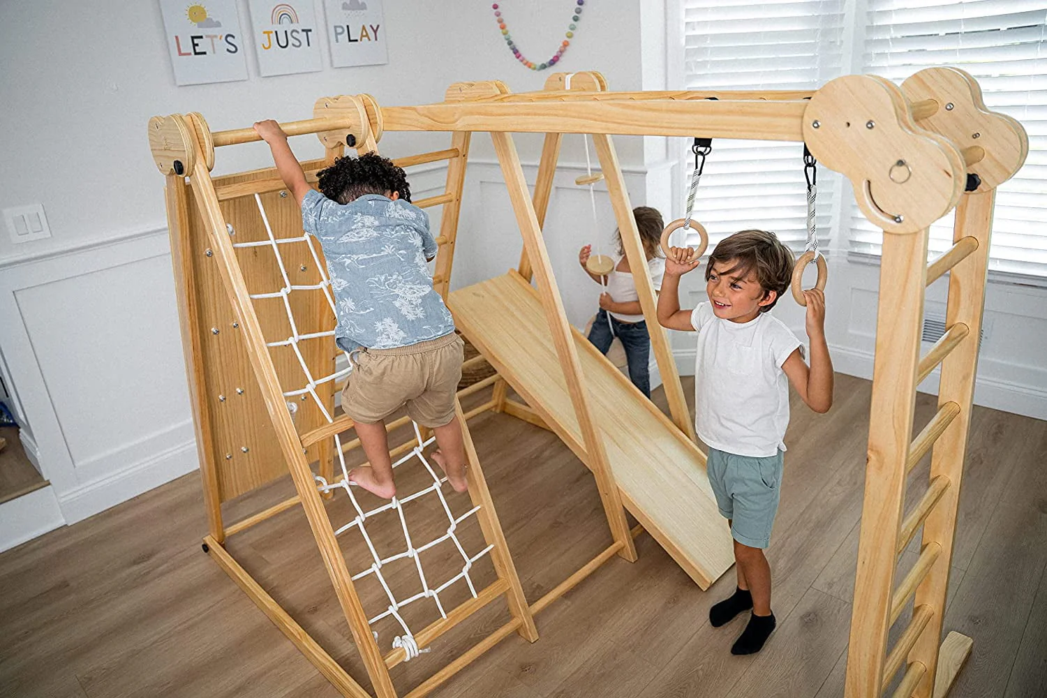 Avenlur Chestnut - The Ultimate Indoor 7-in-1 Playset and Foldable Jungle Gym for Kids Aged 2-8 with Slide, Rock Climb Wall, Climbing Ladder, Rope Net, Monkey Bars, Swing, and Ninja Ring - USA Company