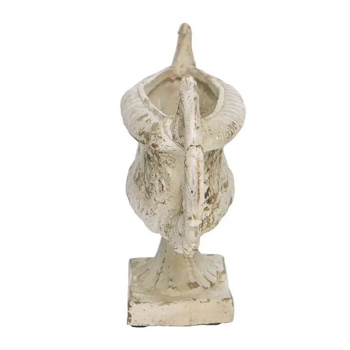 Weathered White Pedestal Vase with Ornate Handles