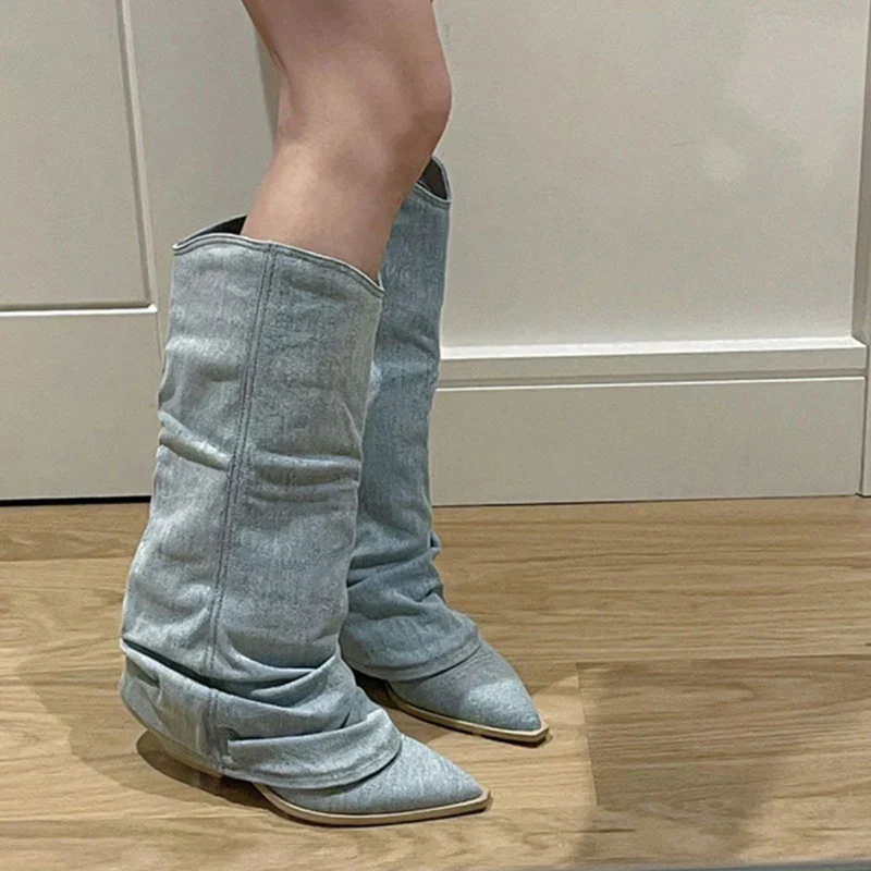 Denim knee boots