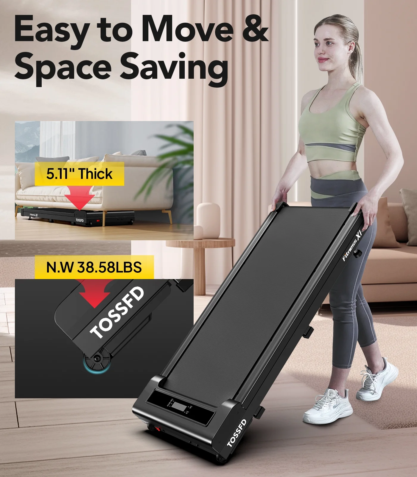 TOSSFD Treadmill Walking Pad with 6% Incline,2.5HP Under Desk Treadmill, Jogging Running Machine for Home Office X301