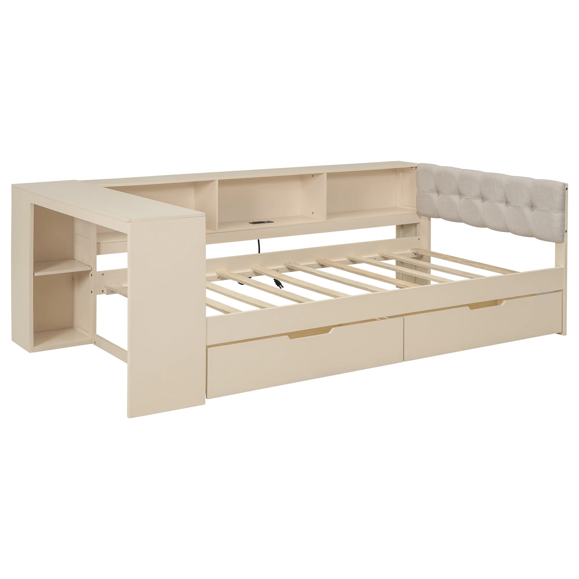 Euroco Wood Twin Size Platform Bed with Desk and Shelves, Drawers and USB Charging for Kids, Cream