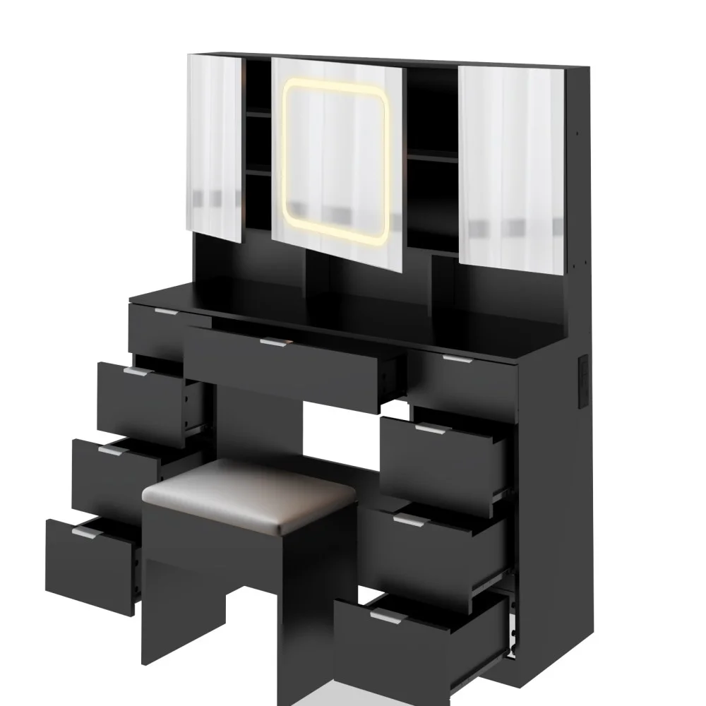 IVV Vanity Desk Set with Large LED Lighted Mirror & Power Outlet, Makeup Dressing Table with 9 Drawers and 3 Cabinets in Mirrored Doors, 47
