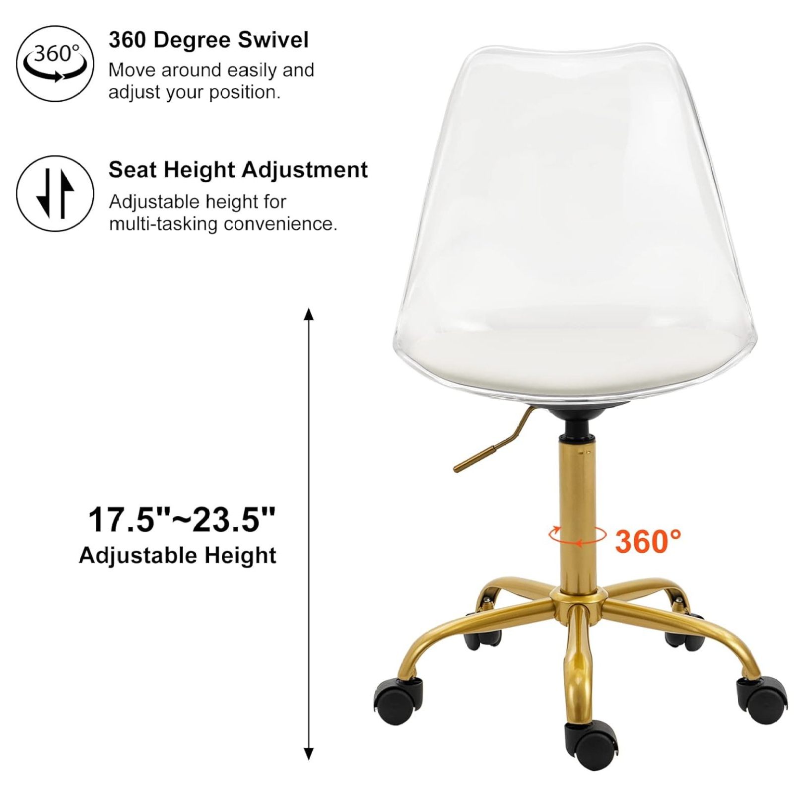saney Clear Rolling Chair, Armless Desk Chair with Golden Feet Swivel Molded Plastic Shell Adjustable Home Office Chair with Wheels, Clear