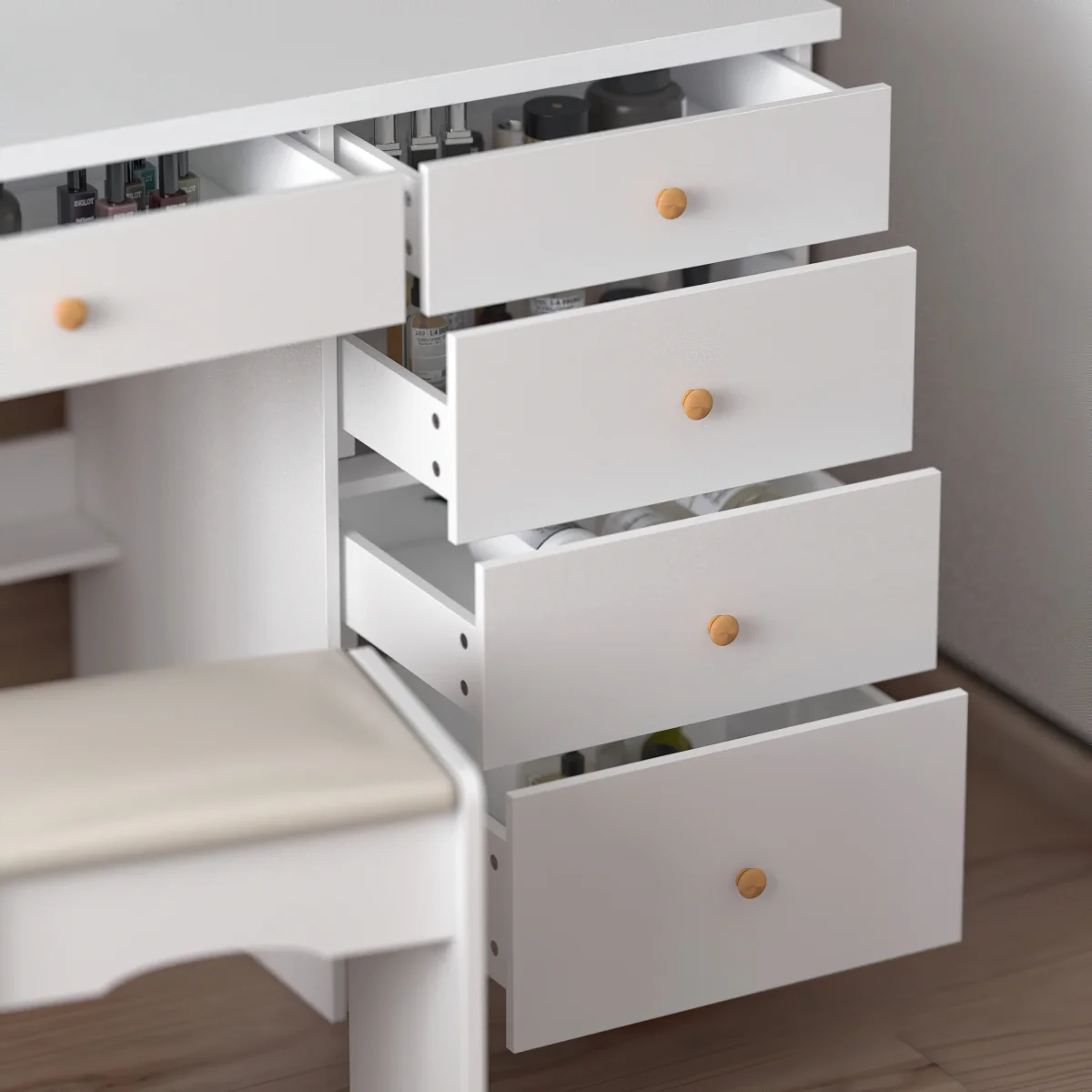 MONSLIPA Makeup Vanity Desk Set w/ Light, Sturdy Dressing Vanity Table with Bench, Shelves & Drawers