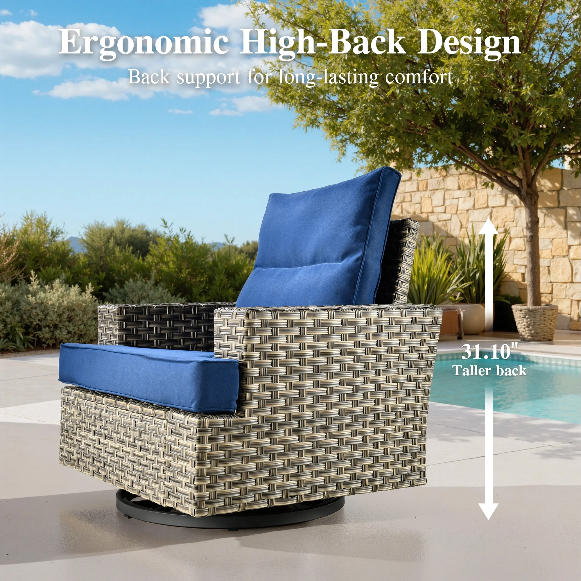 Ovios 10 Pieces Outdoor Patio Furniture Modern High-Back All-Weather Wicker Sectional Conversation Set with Propane Fire Pit Table & Swivel Chair, Dark Gray