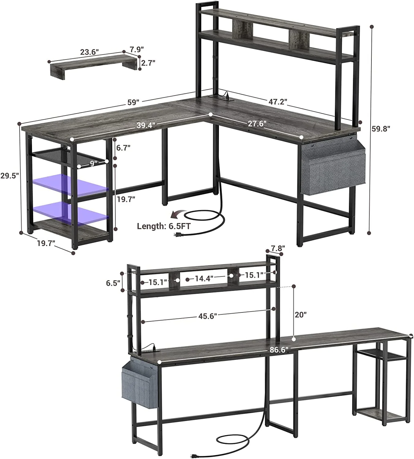 Homieasy L Shaped Desk with Power Outlet & USB Ports, 86.6'' Reversible L-Shaped Gaming Desk with Monitor Stand & LED Strip, 2 Person Corner Computer Desk with Hutch for Home Office, Grey Oak