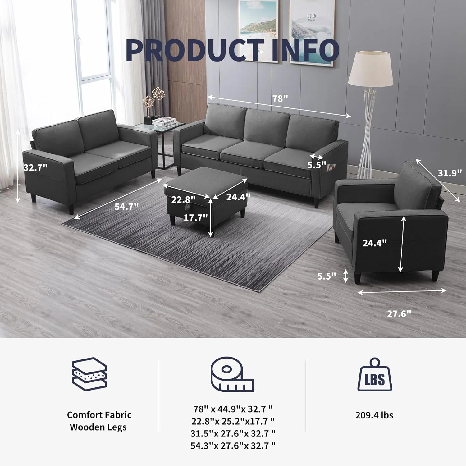 ijuicy Sectional Sofa Set,3PCS Living Room Furniture Couch Sets with Movable Storage Ottoman & Side Pockets,Include Sofa,Loveseat&Chair,Dark Gray