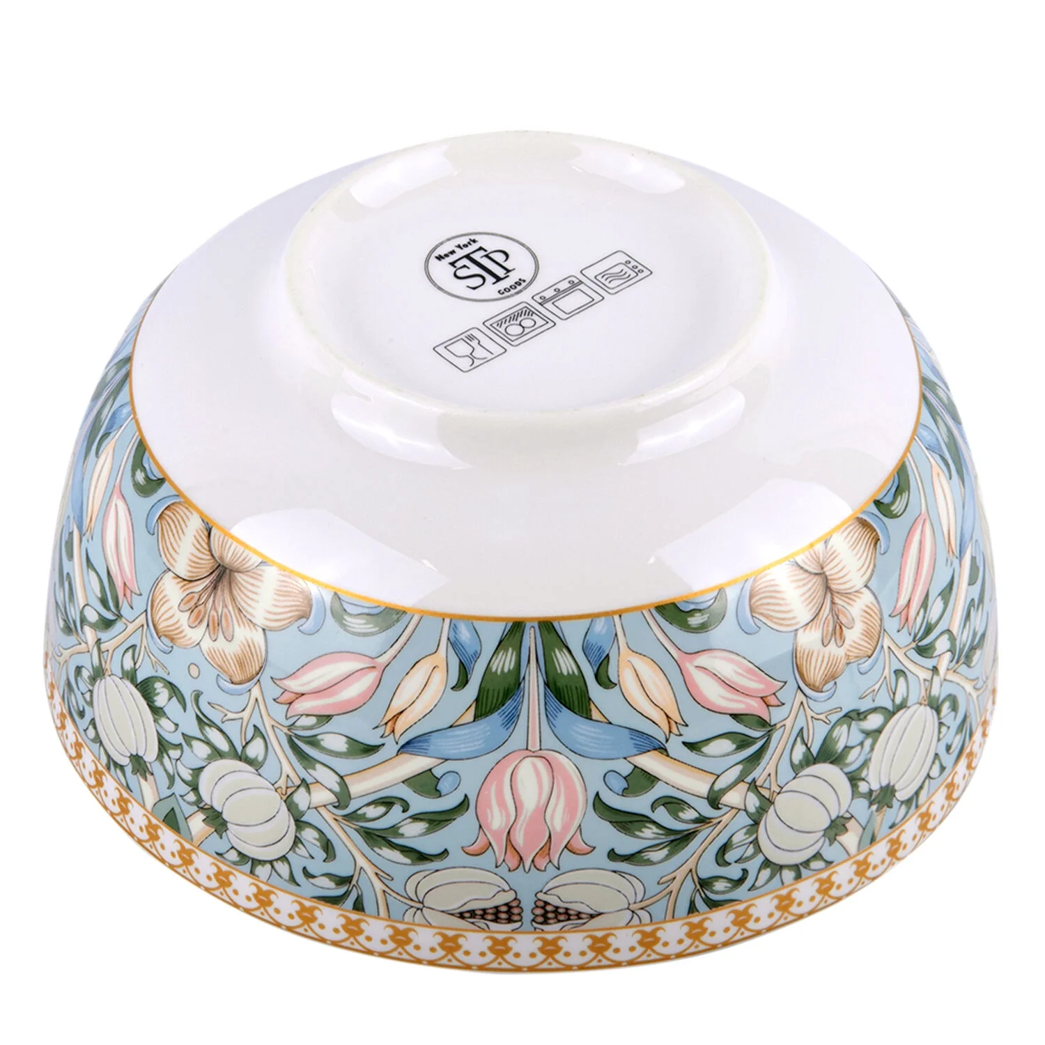 STP GOODS Melodie de Fleurs Bone China Dinnerware Set of 24 Service for 6 24-Piece Dish Set of Plates and Bowls, Blue Gold White