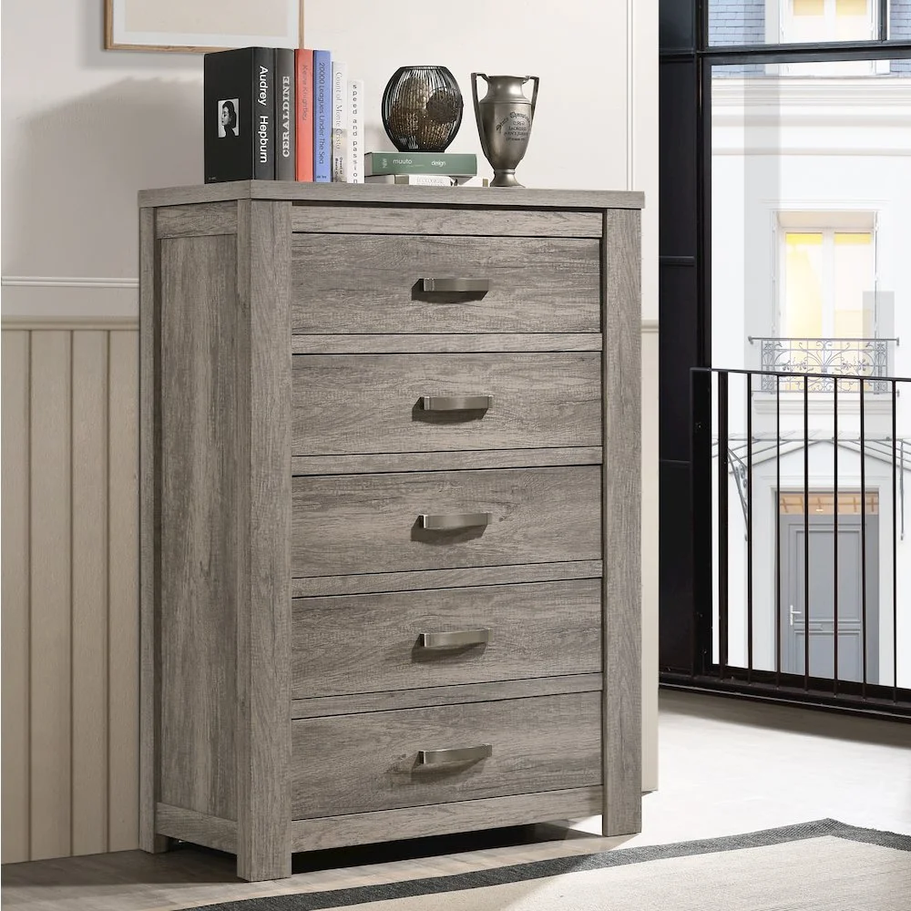Roundhill Furniture living room Floren Contemporary Weathered Gray Wood Bedroom Set, King Panel Bed, Dresser, Mirror, Two Nightstands, Chest