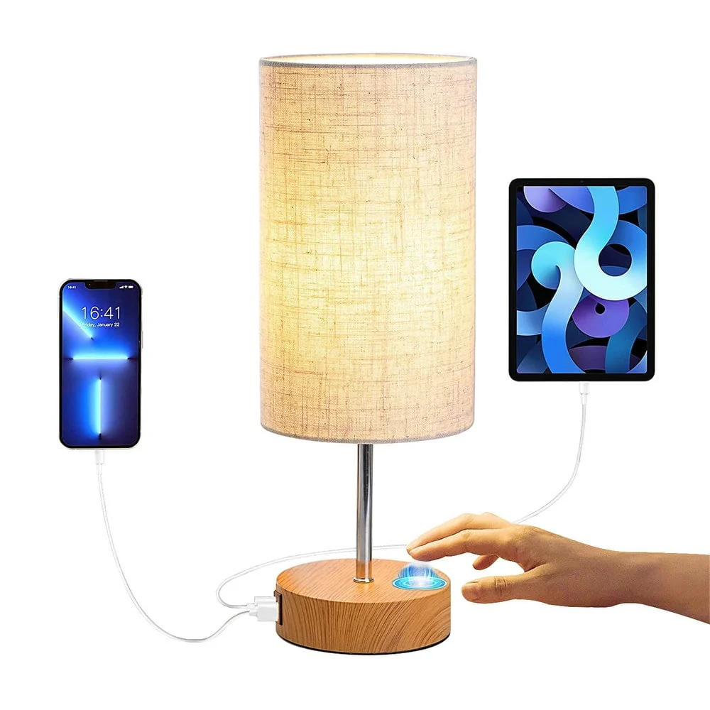Maple Star Touch Control Table Lamp,Bedside Desk Lamp with 2 USB Port,Woodgrain Touch Control Table Lamp (LED Bulb Included)