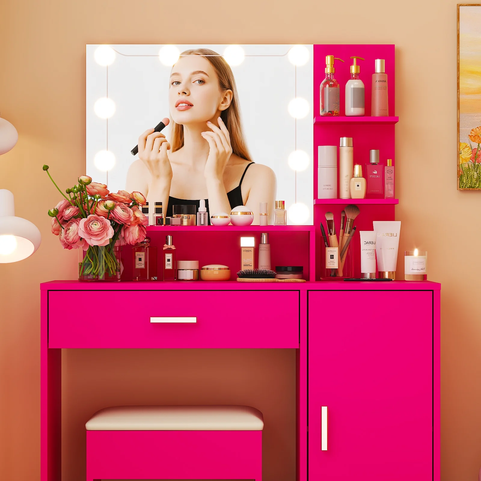Ktaxon Vanity Set with 3 Color Lighted Mirror, Makeup Table with 3 Storage Shelves & Drawers, Dressing Table Makeup Desk with Stool,White