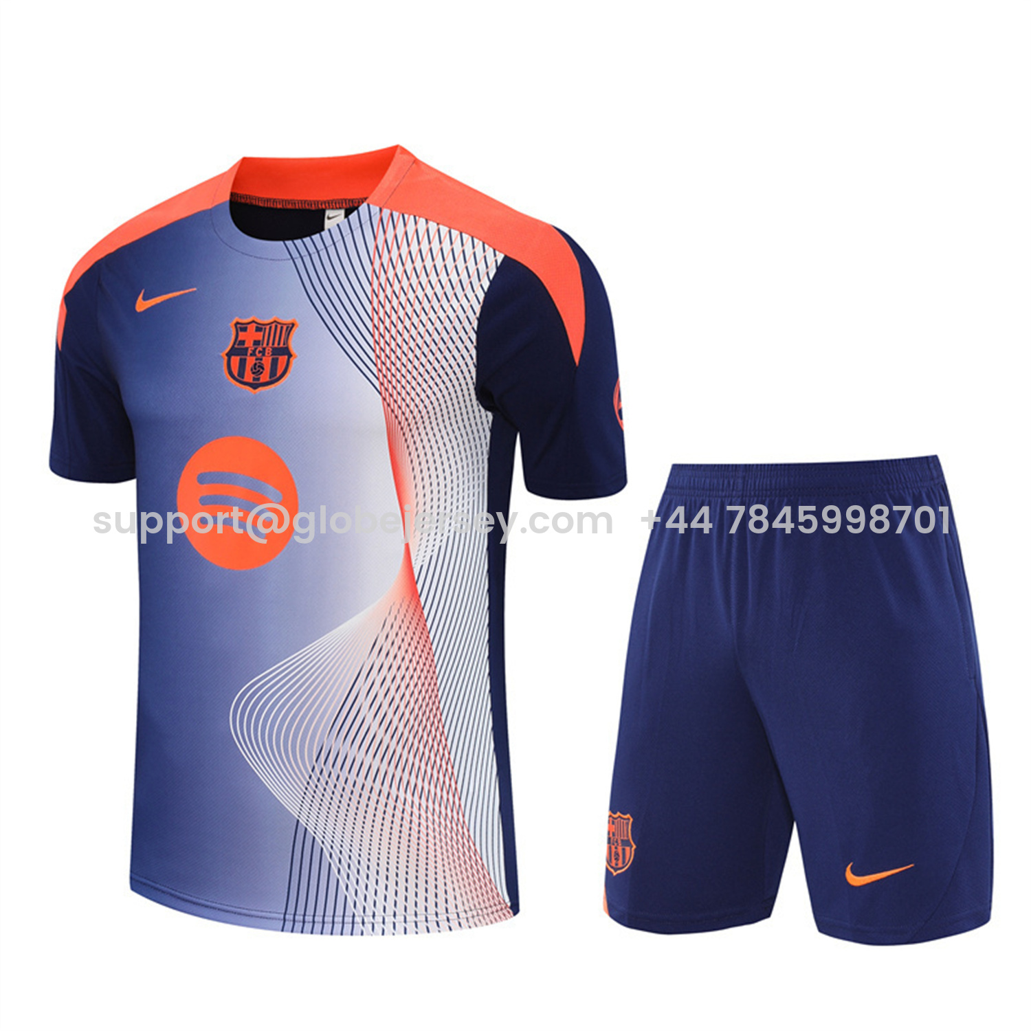 Barcelona 25-26 Short-Sleeve Training Set - Red Blue Line Top & Blue Shorts