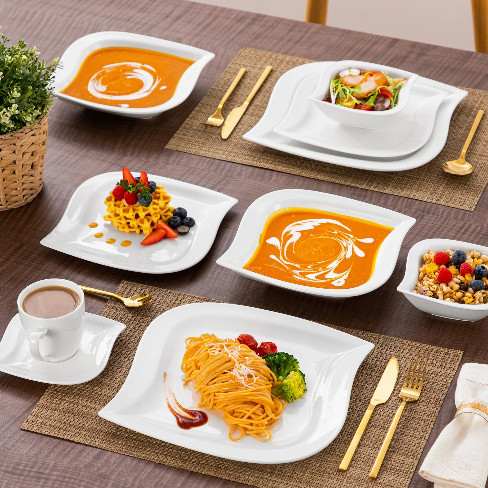 vancasso 36 pcs Dinnerware Sets, Plates and Bowls Set for 6, Porcelain Dinner Set, Marble Gray