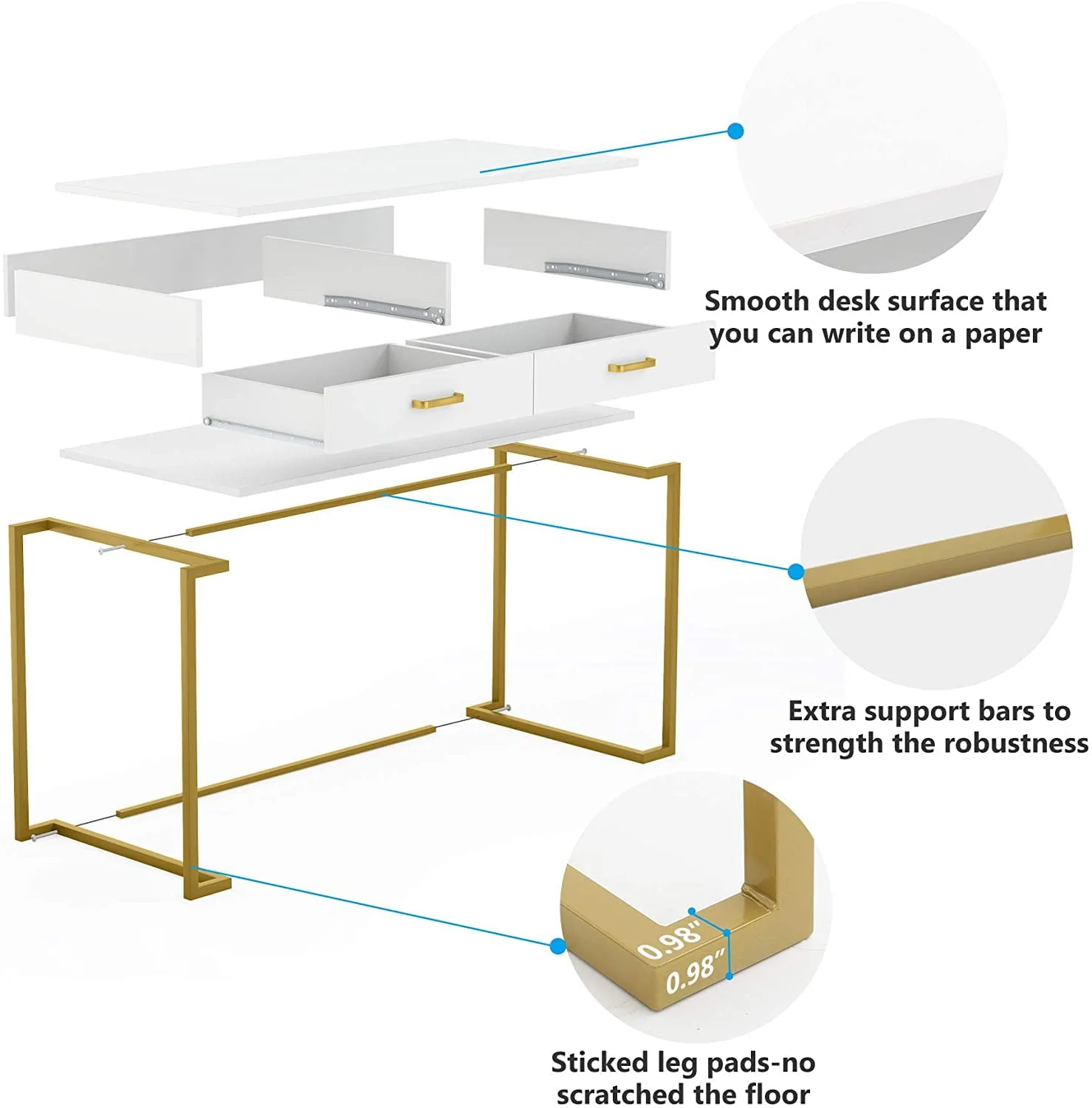 Computer Desk with Drawers, White and Gold Writing Desk with 2 Drawers, Simple and Modern (White, Gold)