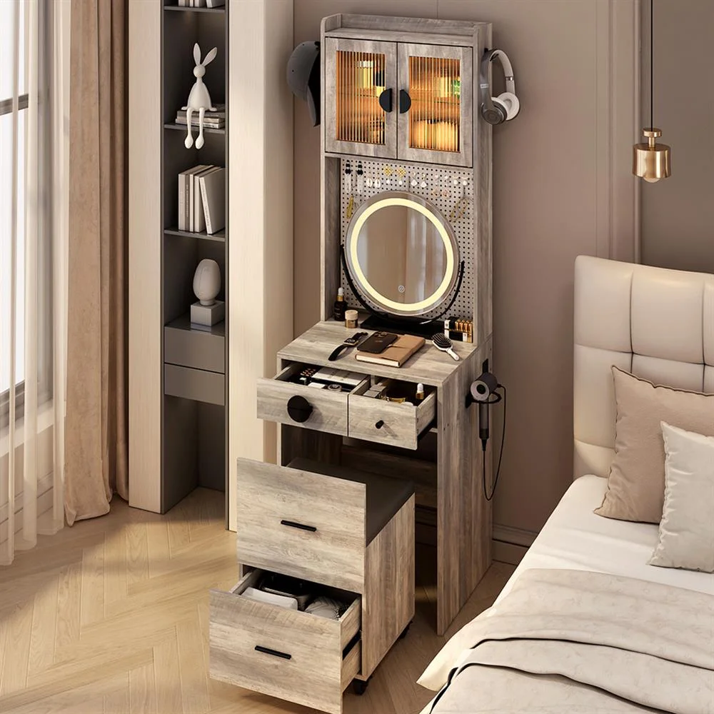 EDOEMSE Table & Chair Vanity Set, Vanity Set,Small Vanity Desk with Mirror and LED Lights, Makeup Table with Charging Station and drawers,Gray