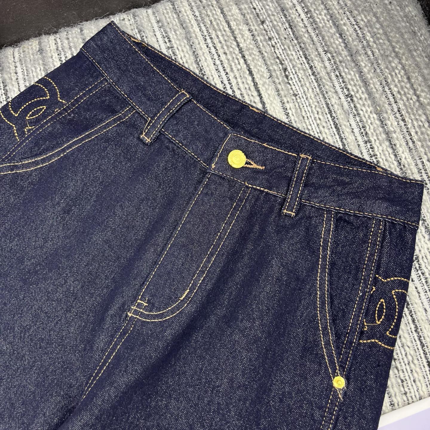 Embroidered denim straight-leg pants