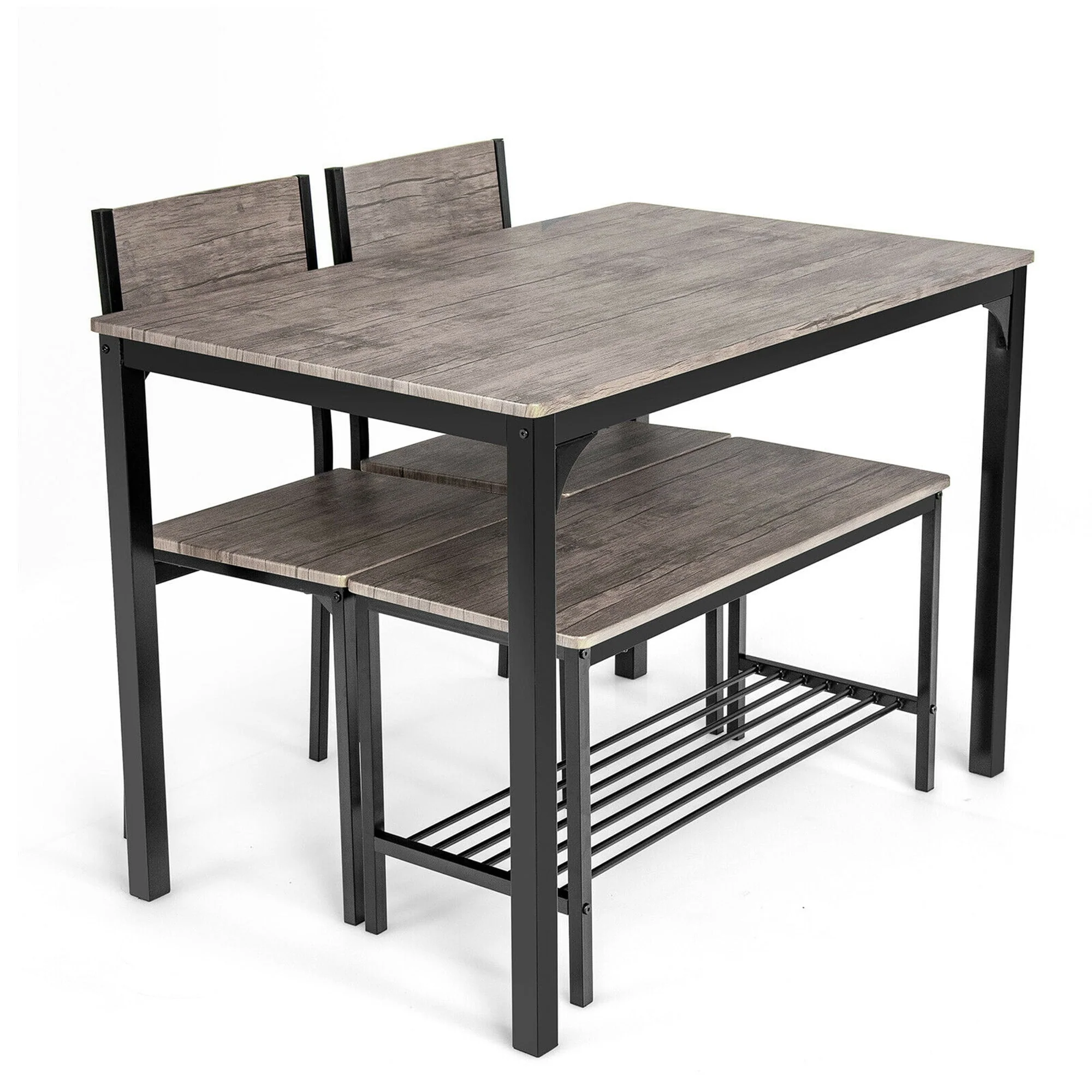 Gymax 4pcs Dining Table Set Rustic Desk 2 Chairs & Bench w/ Storage Rack Grey