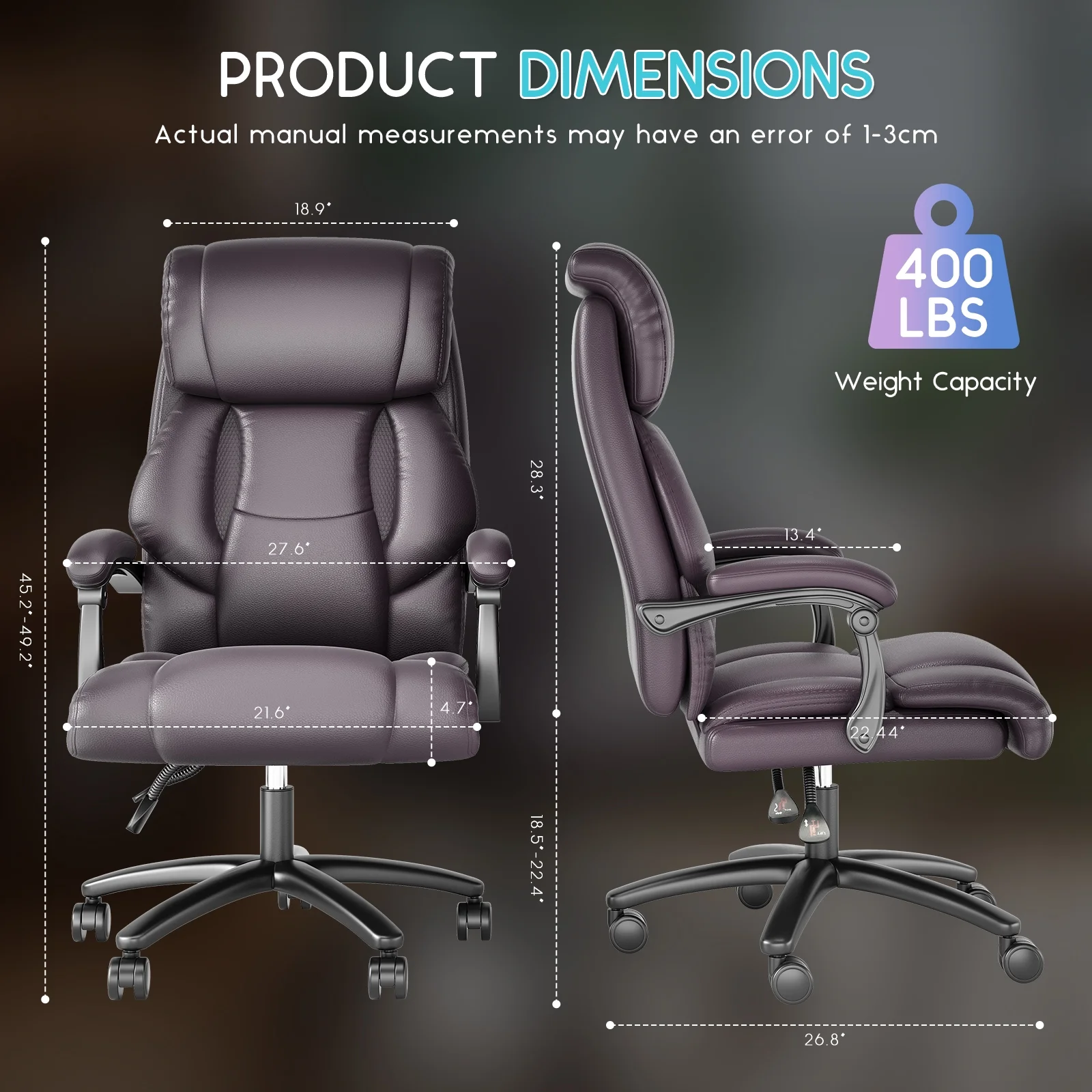 Solfway Big and Tall Office Chair 400LBS, High Back Black Leather Executive Office Chair, Computer Desk Chair with Adjustable Flip-up Arms, Wheels and Lumbar Support