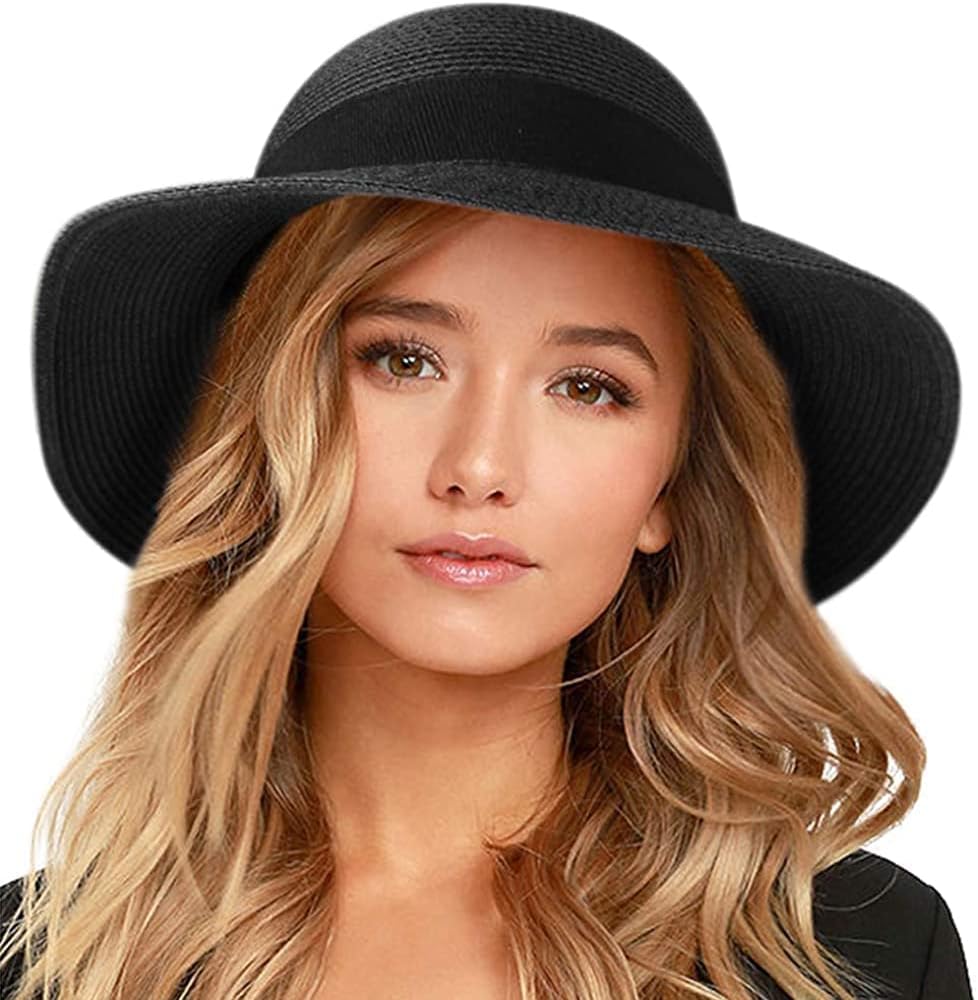 FURTALK Womens Beach Sun Straw Hat UV UPF 80+ Travel Foldable Brim Summer UV Hat