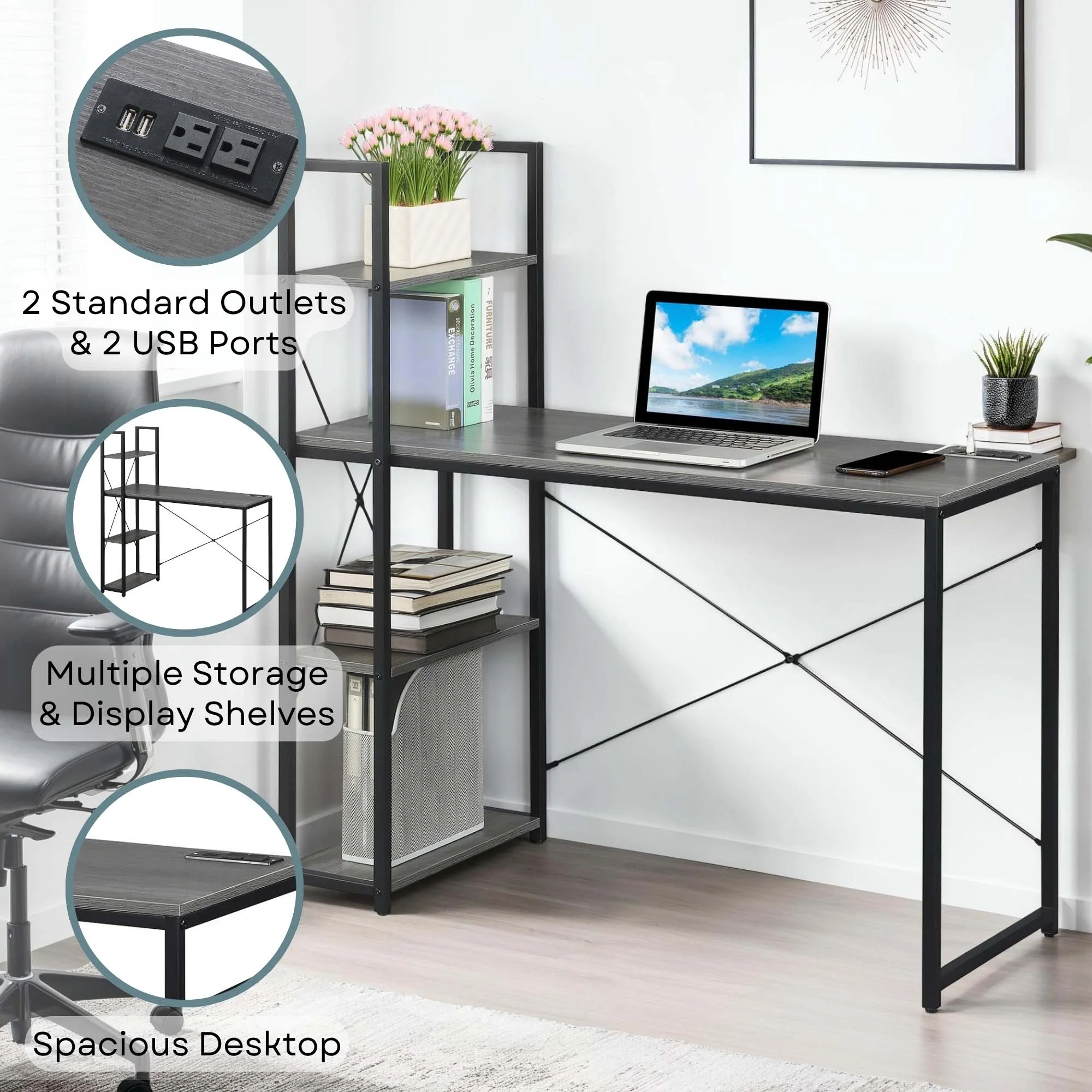 Convenience Concepts Designs2Go Office Workstation Desk with 2 Outlets & 2 USB Ports