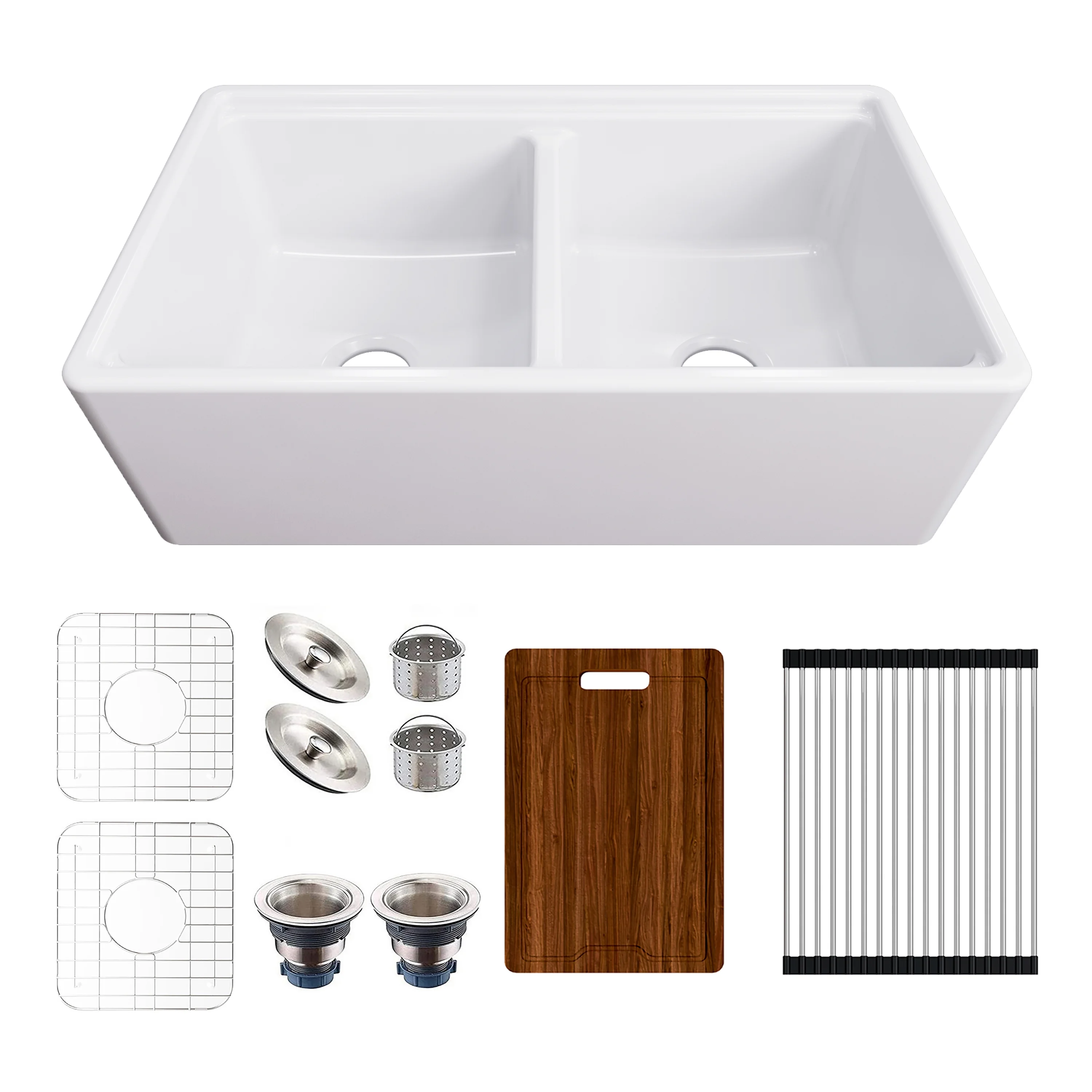 MEJE #KS3320 33x20 inch 50/50 Double Bowl , Ceramic Apron-front Step Rim Workstation Farmhouse Kitchen Sink , with Cutting Board ,Grid & Strainer - White