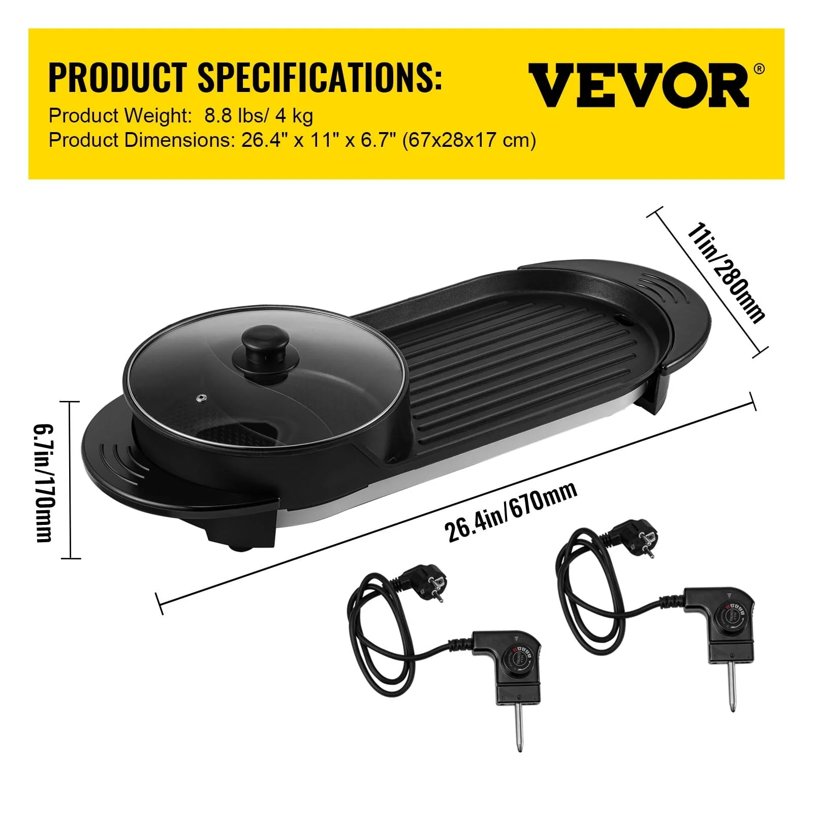VEVOR 2 in 1 Electric Hot Pot and Grill, 2200W Separate Dual Temperature Control Electric Skillet, 5 Speed for Indoor Korean BBQ,Black