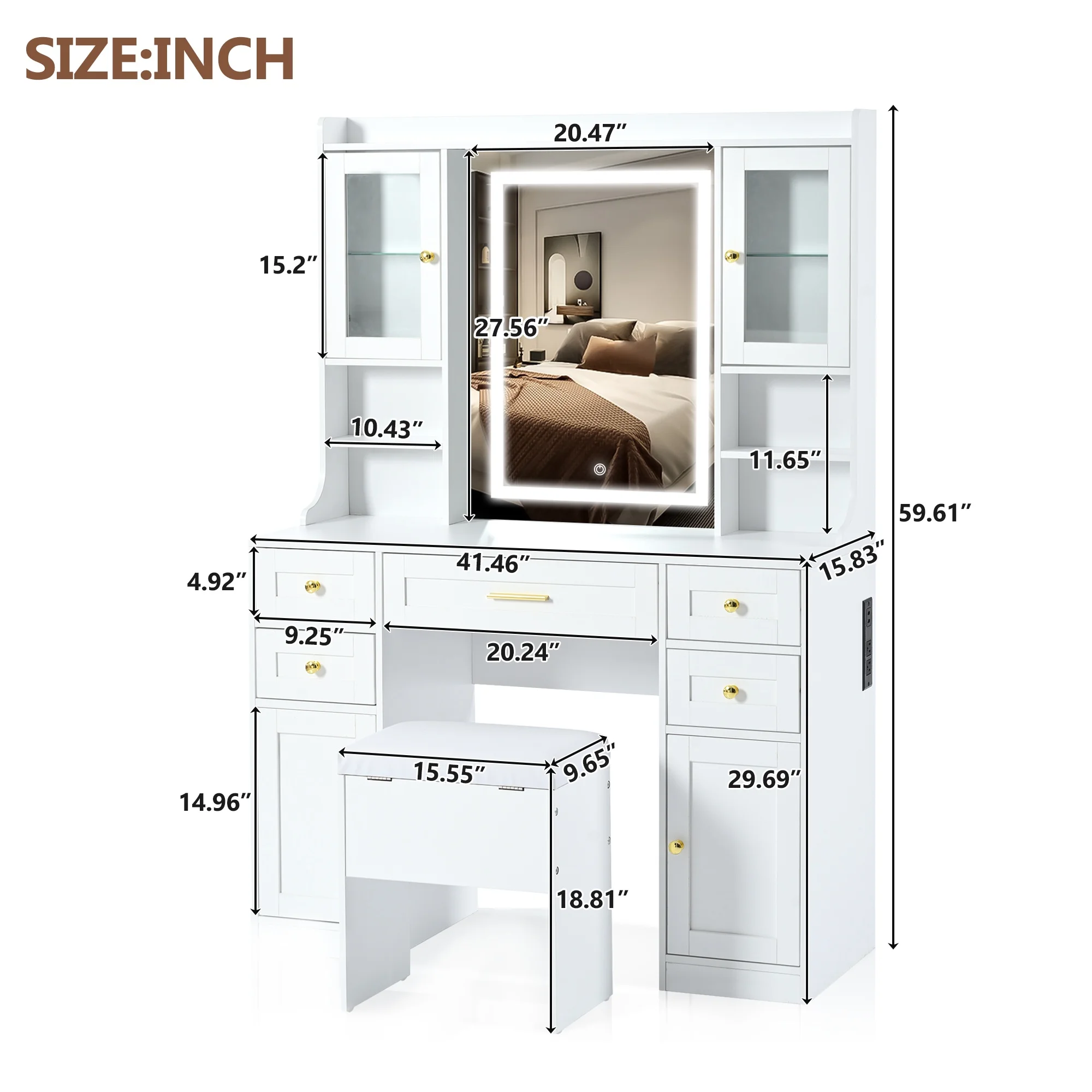 PORKISS Makeup Vanity with Mirror, Vanity Desk Set with 3 Colors Lights, Charging Station and Cushioned Storage Stool, Modern Dressing Table with 5 Drawers and 4 Cabinets for Bedroom, White