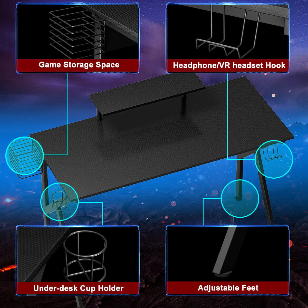 Gymax Gaming Desk Computer Desk PC Table Workstation with Cup Holder & Headphone Hook