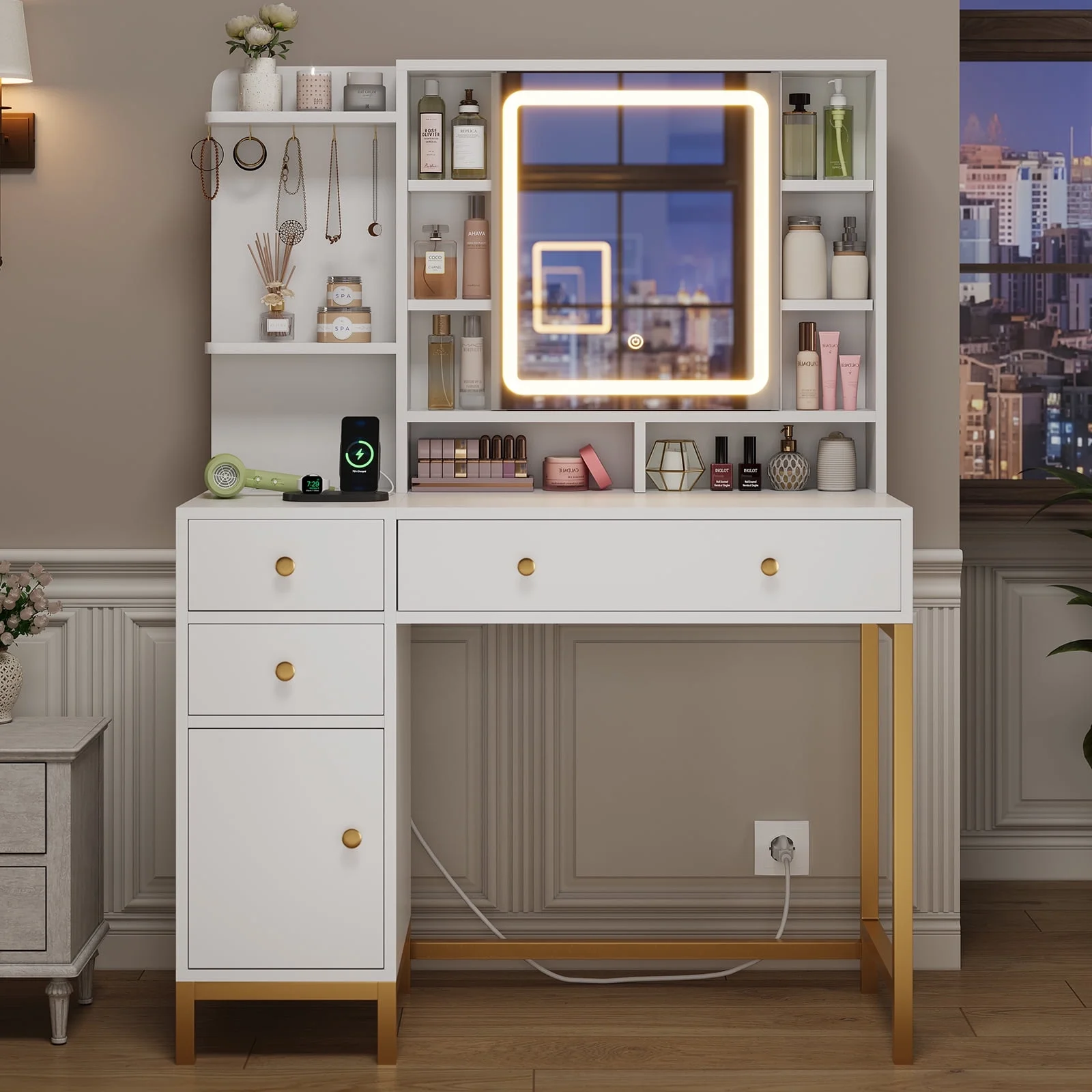 AOGLLATI Makeup Vanity with Lights in 3 Colors, White Vanity Desk with Mirror and Lights, Vanity Table with Charging Station, Makeup Desk with Visible Drawers, Hidden and Open Storage Shelves