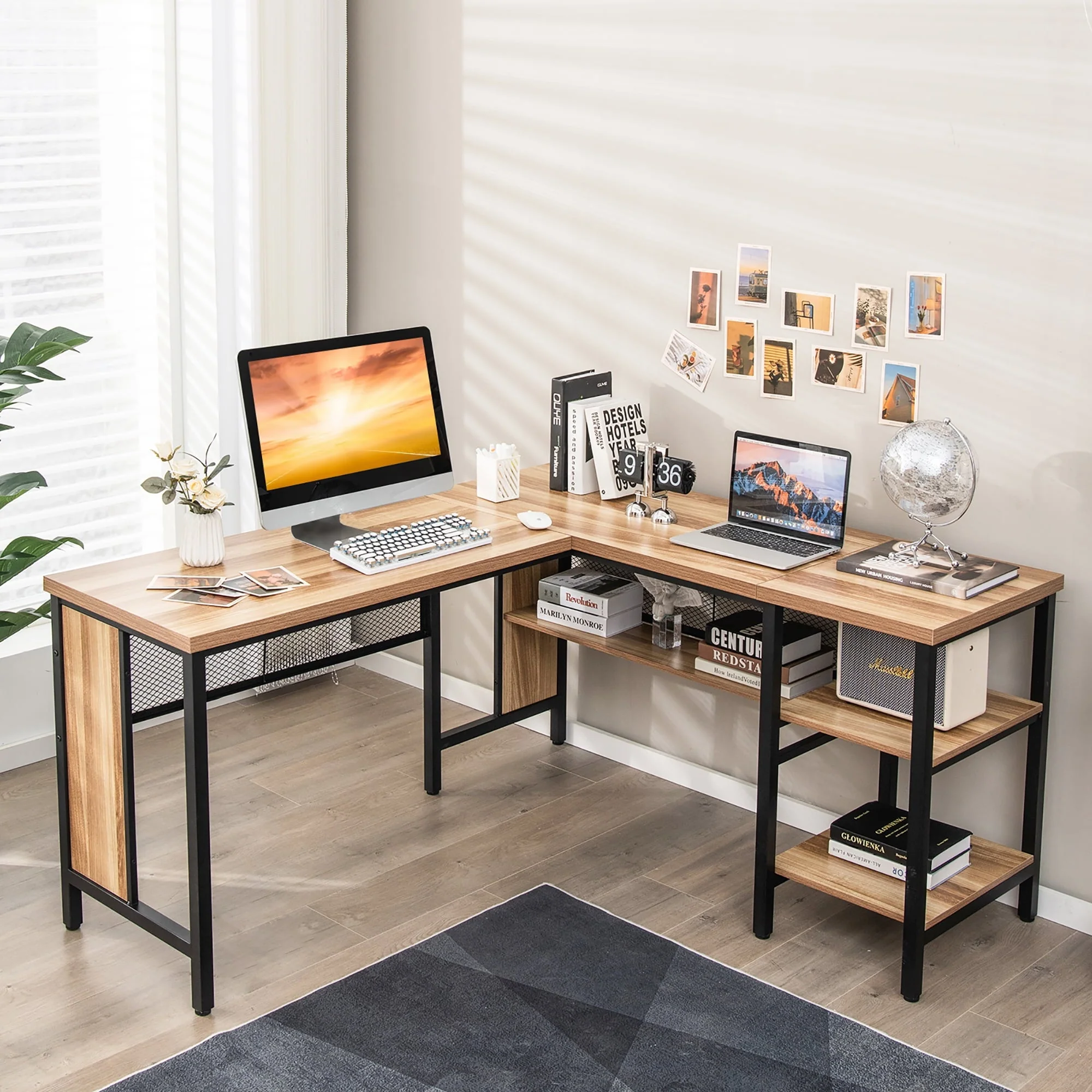 Costway L-Shaped Corner Computer Desk Home Office Workstation w/ Storage Shelves Oak