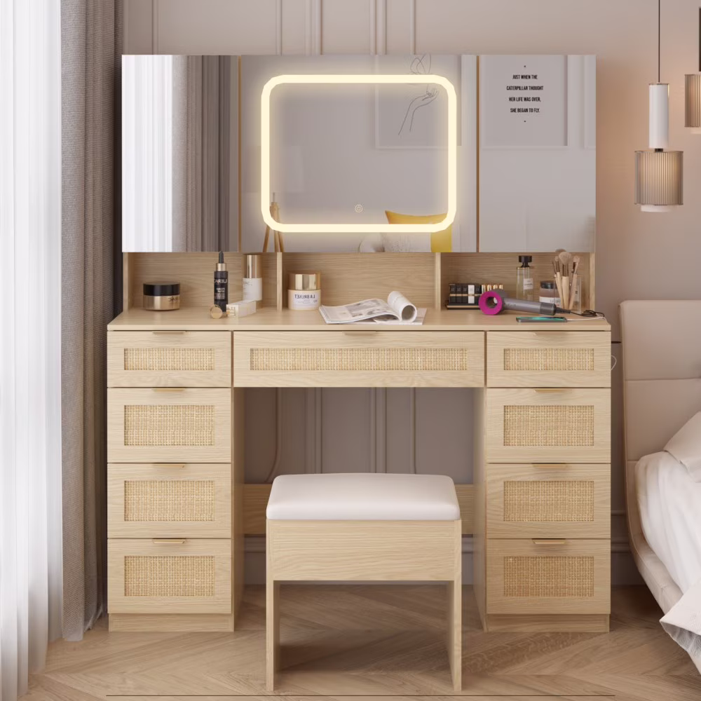 IVV Vanity Desk Set with Large LED Lighted Mirror & Power Outlet, Makeup Dressing Table with 9 Drawers and 3 Cabinets in Mirrored Doors, 47