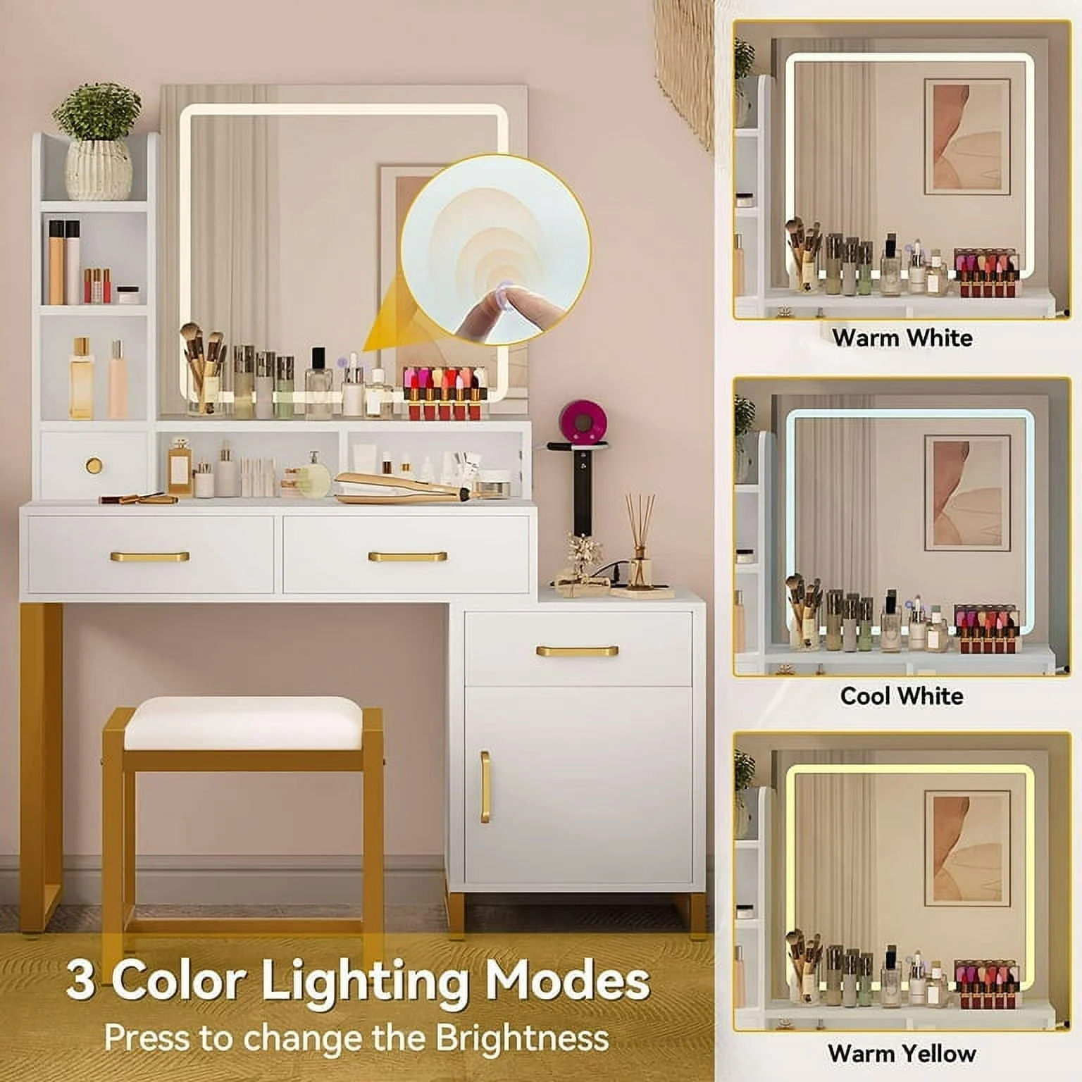 Dextrus Vanity Desk with Mirror and Lights, Makeup Vanity with Lights and Drawers, Vanity Mirror with Lights and Table Set, 3 Color Adjustable Lighting Brightness & Power Outlet, White