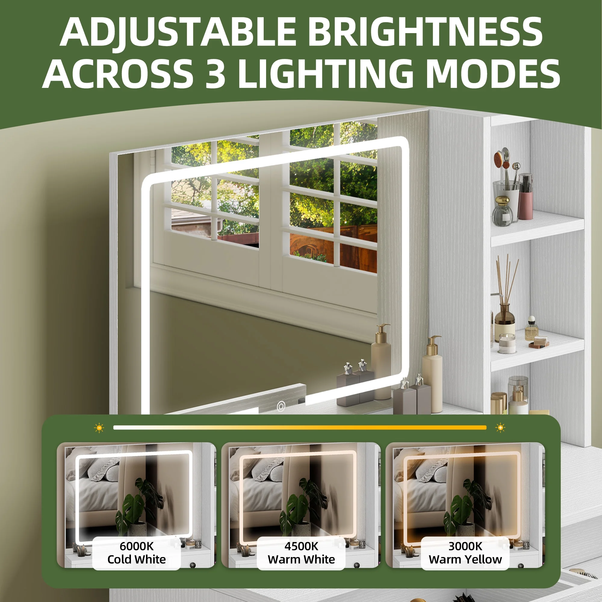 Uforic Vanity Makeup Desk with LED Light Mirror & Power Outlet, 10 Drawers, 4 Storage Shelves, 3 Color Modes & Adjustable Brightness Dressing Table, Corner Vanity,L Shape Change, 65