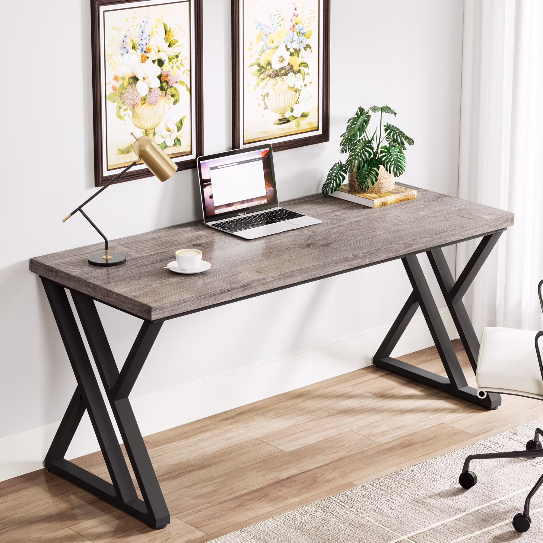 Heavy Duty Study Desk with Z-Shaped Metal Leg, Modern Simple Home Office Computer Desk, Rustic Brown