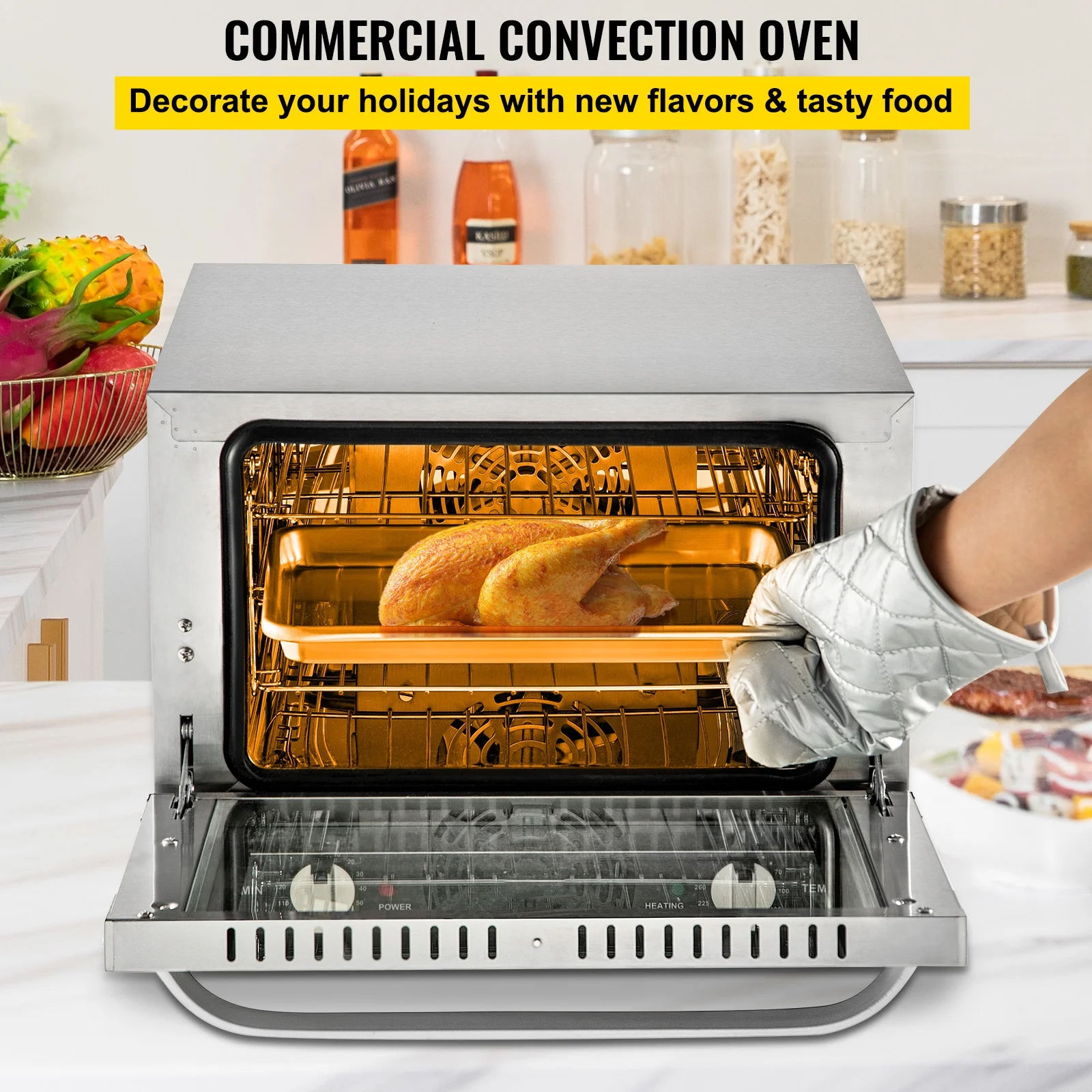 KFFKFF Commercial Convection Oven, 21L/19Qt, Quarter-Size Conventional Oven Countertop, 1440W 3-Tier Toaster w/ Front Glass Door, Electric Baking Oven w/ Trays Wire Racks Clip Gloves