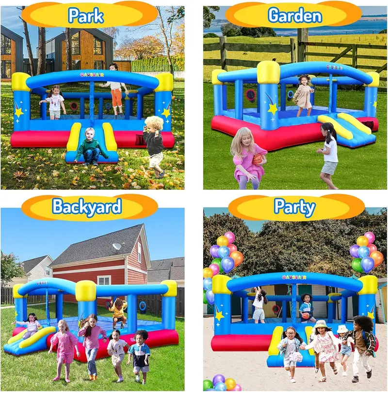 15ft x 14.8ft Inflatable Bounce House with Dual Basketball Hoops — Reinforced PVC. Holds Up to 6 Kids