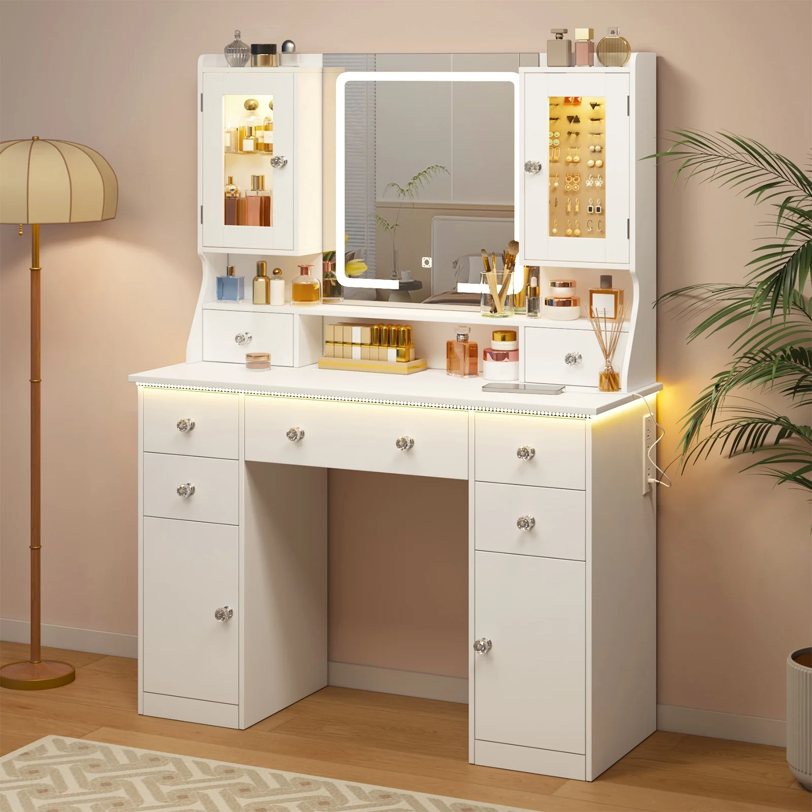 Tomnk woo White Makeup Vanity Desk with Large Mirror, Adjustable Lights, Storage Drawers & Power Outlets