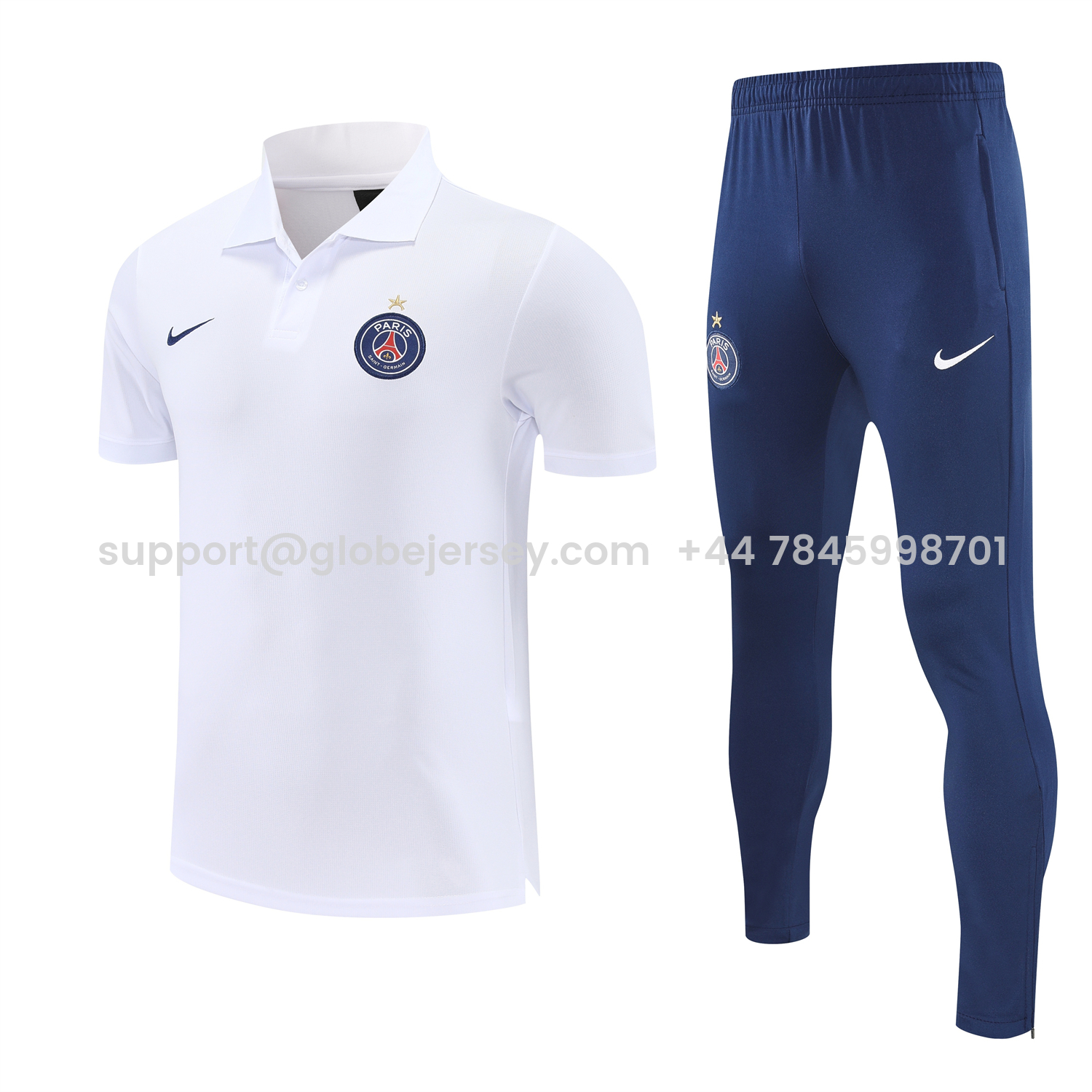 Paris Saint-Germain PSG 25-26 POLO Short-Sleeve Training Set - White Top and Dark Blue Pants
