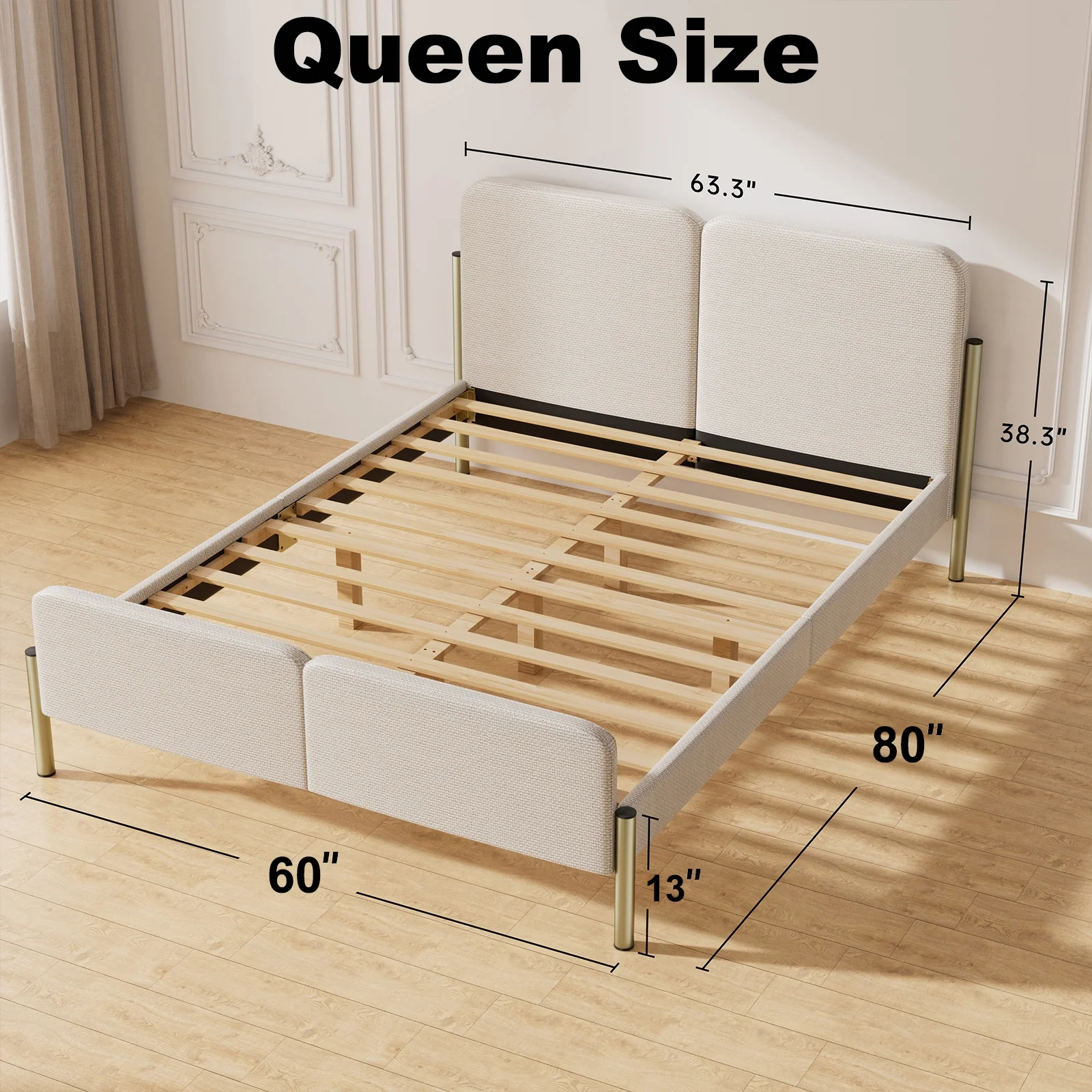 CHITOOMA Queen Bed Frame with Headboard, Linen Upholstered Platform Bed Frame Queen Size No Box Spring Needed, Noise-Free, Heavy Duty, White