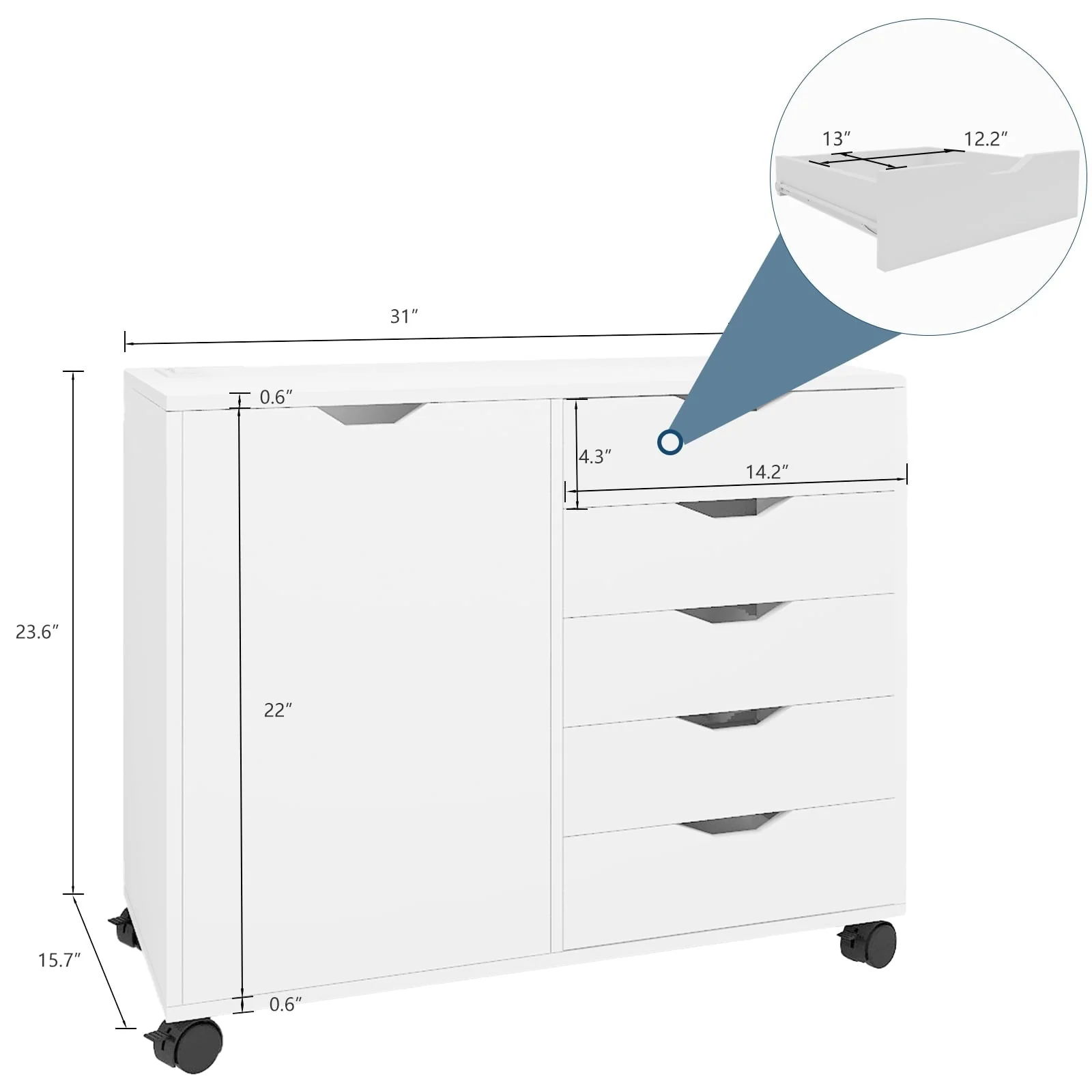 Natwind 5-Drawer Mobilable Wood Printer Stand with Charging Station，Cart File Storage Cabinets with Socket and Door Home Office Lateral Filing Cabinet(white)