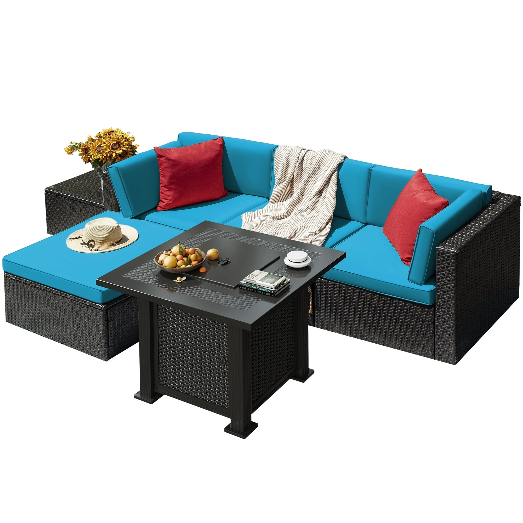 Devoko 6 Pieces Fire Pit Seating, Outdoor Sectional Rattan Sofa Set with 40000 BTU Propane Fire Pit Table