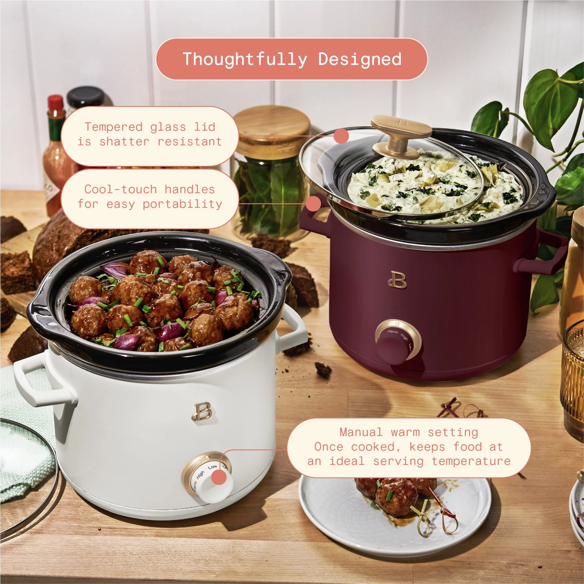 Beautiful 2 qt Slow Cooker Set, 2-Pack, White Icing and Wine variety by Drew Barrymore, 19340, 100 W