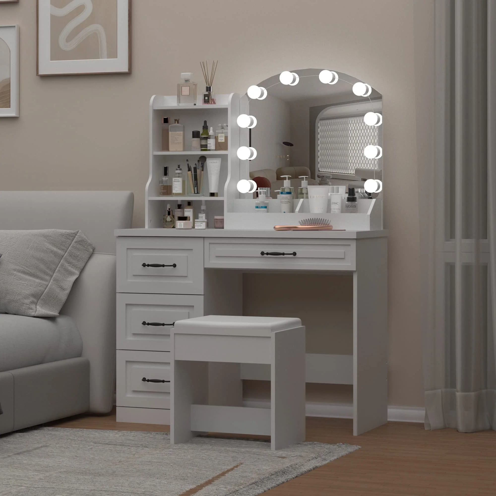 Veanerwood Makeup Vanity Desk with Lights and 4 Drawers, Modern Vanity Table Set, 3 Lighting Colors, 39.4in, White Finish