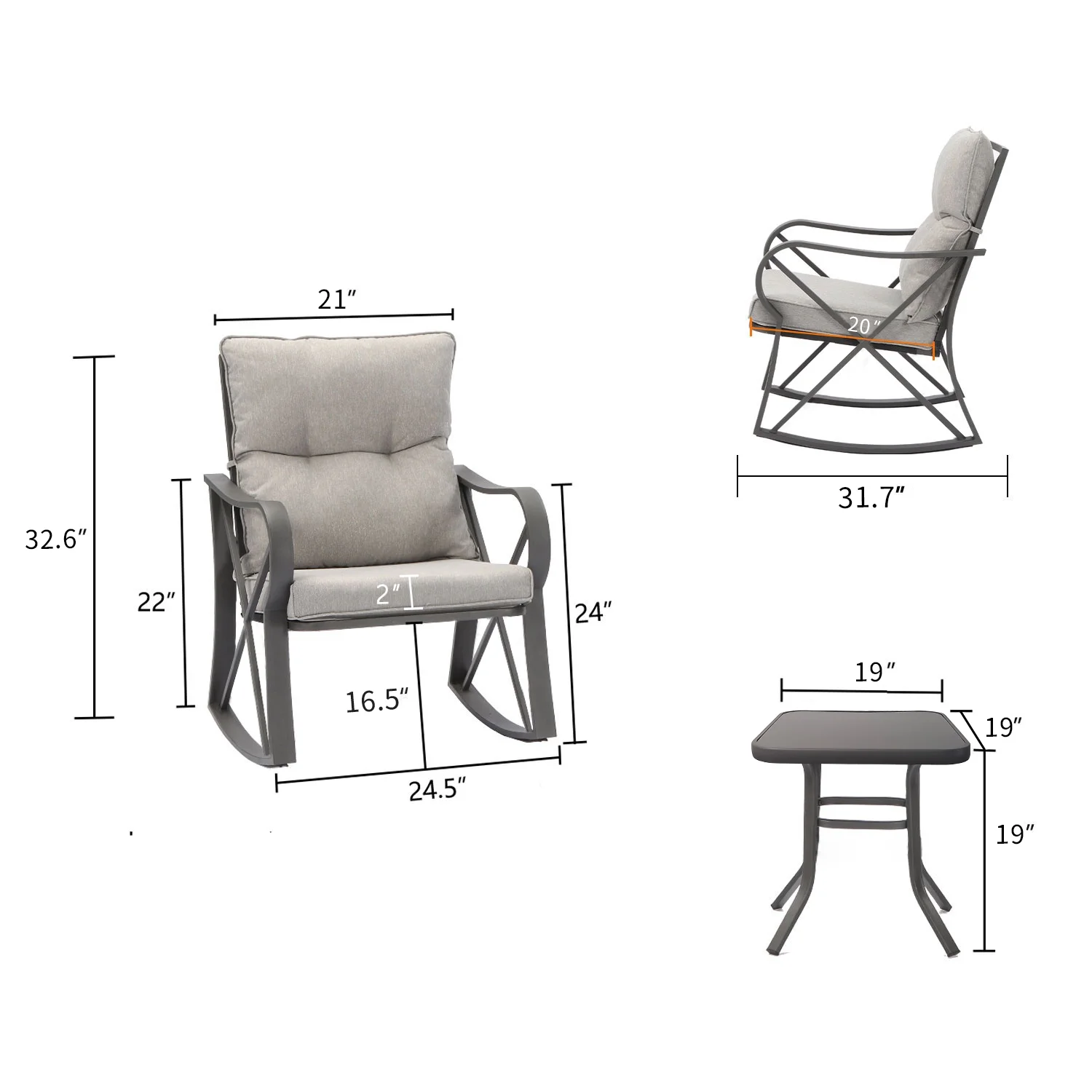 COSIEST 3 Piece Rocking Chair Bistro Set, Patio Outdoor Furniture w Cushions, Glass-Top Table